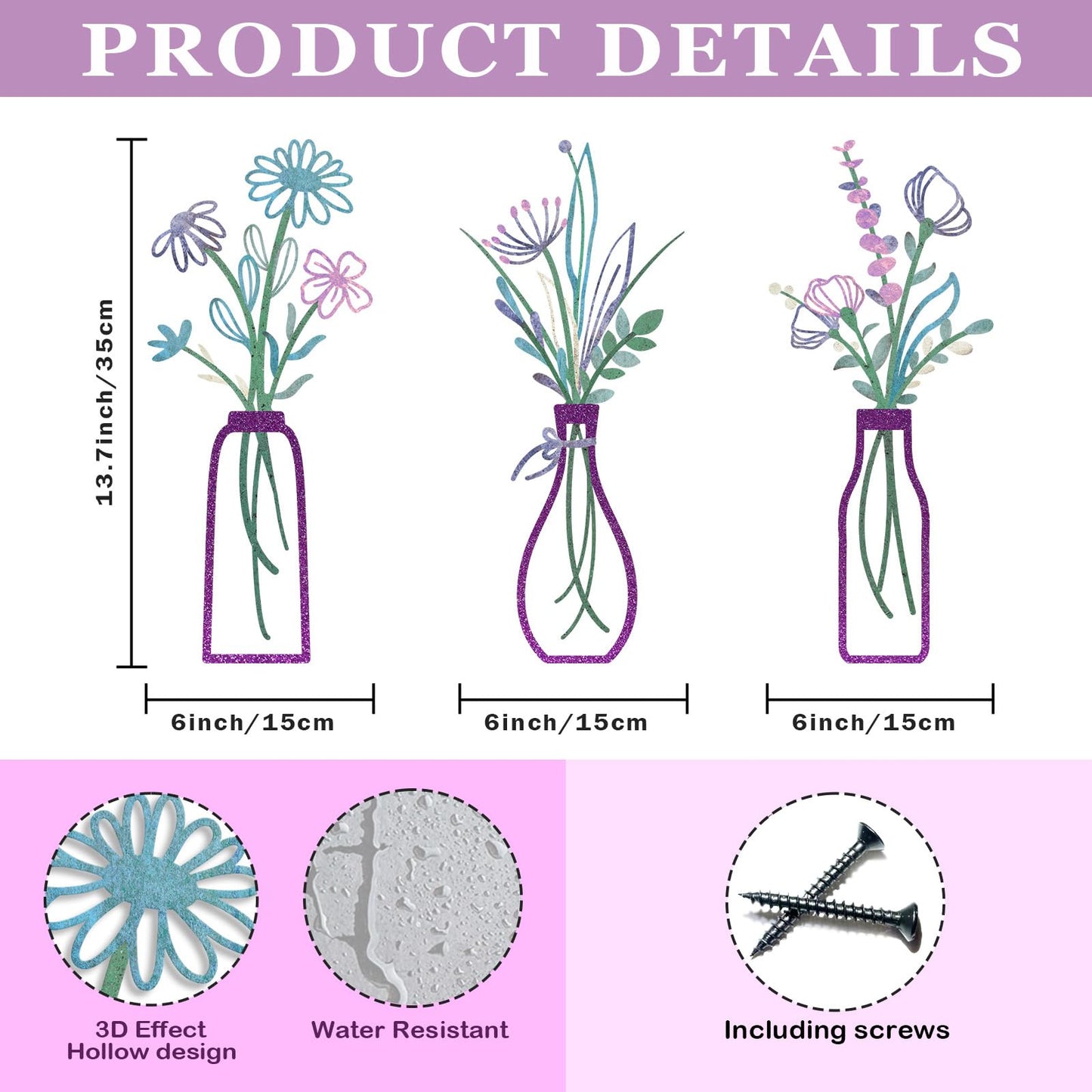 3 Pieces Metal Flowers Wall Arts - Rustic Farmhouse Decor Purple Minimalist Flower Wall Decors for Living room Bathroom Bedroom Dining Room-Housewarming Gifts(Purple, Vase-C)