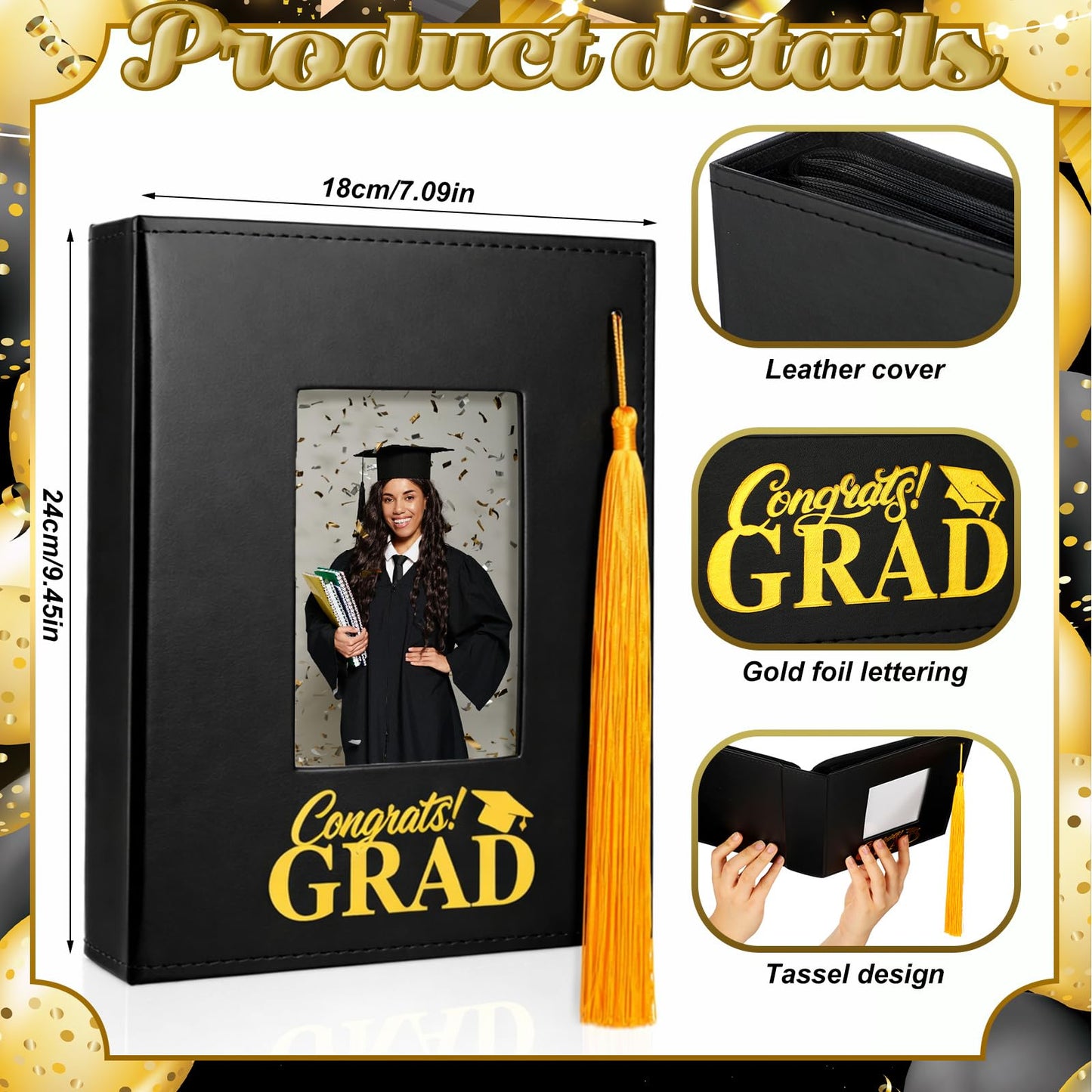 Gersoniel 2026 Graduation Photo Albums with 200 Pockets Leather Cover 4x6 Picture Featuring Cutouts for Tassel Graduation Photo Memory Scrapbook Book Holds Gift for Senior High School College Graduate