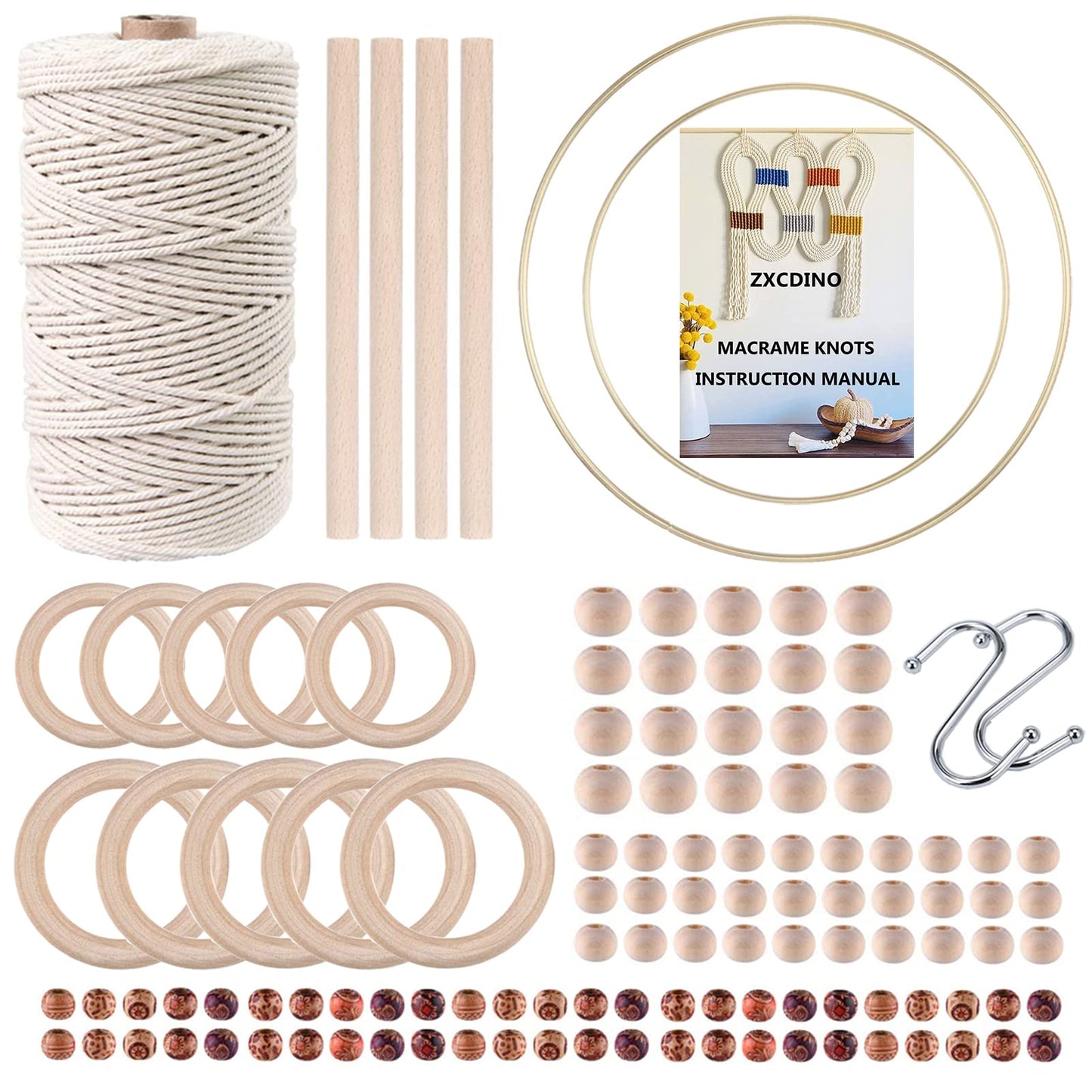 ZXCDINO 119pcs Macrame Kits for Starter 3mm x 109Yards Natural Cotton Macrame Cord with 100pcs Wooden Beads,10pcs Wooden Rings,Wooden Sticks,Metal Rings,S Hooks Macrame Supplies for Plant Hangers
