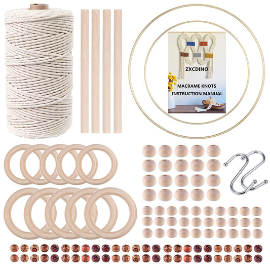 ZXCDINO 119pcs Macrame Kits for Starter 3mm x 109Yards Natural Cotton Macrame Cord with 100pcs Wooden Beads,10pcs Wooden Rings,Wooden Sticks,Metal Rings,S Hooks Macrame Supplies for Plant Hangers