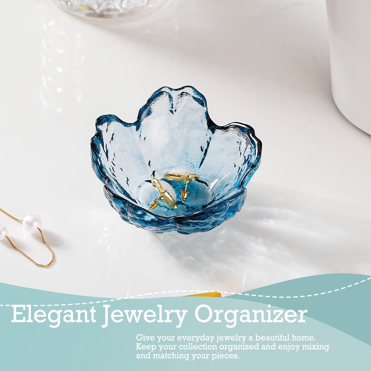 Binoster Blue Flower Glass Ring Dish Jewelry Tray Ring Holder Dish Cute Room Decor Vanity Organizer for Nightstand or Bathroom Aesthetic Trinket Dish Gift for Wife Mom Daughter