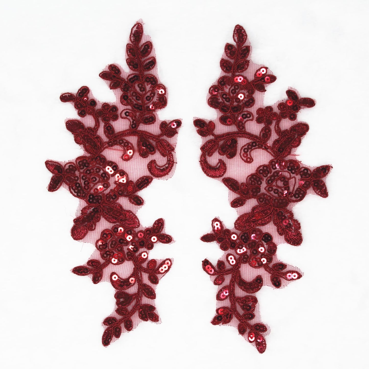 SUNMOVE Pair of Embroidery Sequin Lace Applique Sewing Flower Fabric Collar Patch Motif Wedding Gown Dress Bridal DIY Crafts （Wine）