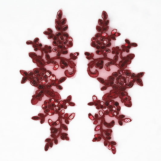 SUNMOVE Pair of Embroidery Sequin Lace Applique Sewing Flower Fabric Collar Patch Motif Wedding Gown Dress Bridal DIY Crafts （Wine）