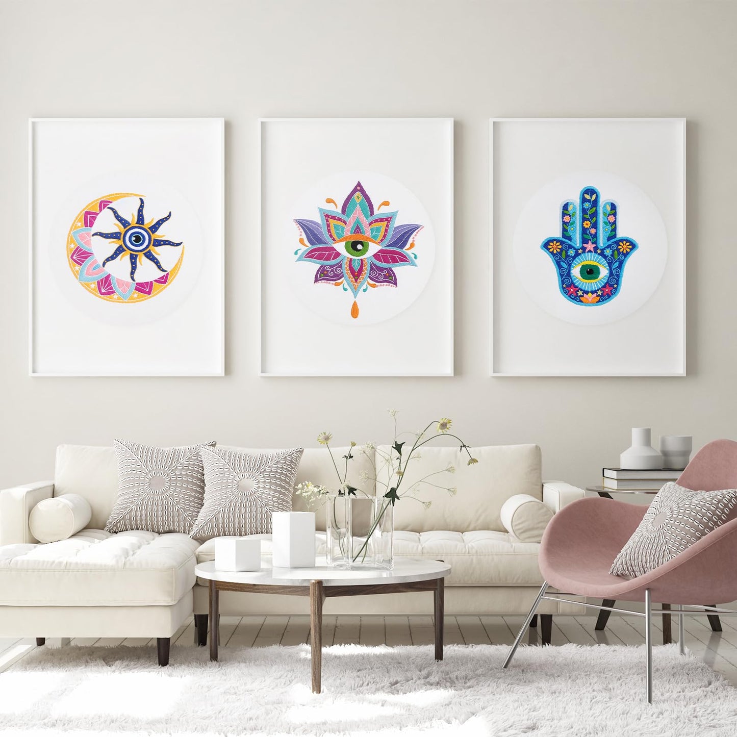 Louise Maelys 3 Set Tarot Evil Eye Embroidery Kits for Beginners,Adults Starter Cross Stitch Kit DIY Needlepoint with Hamsa Hand Sun Moon louts Flower Pattern