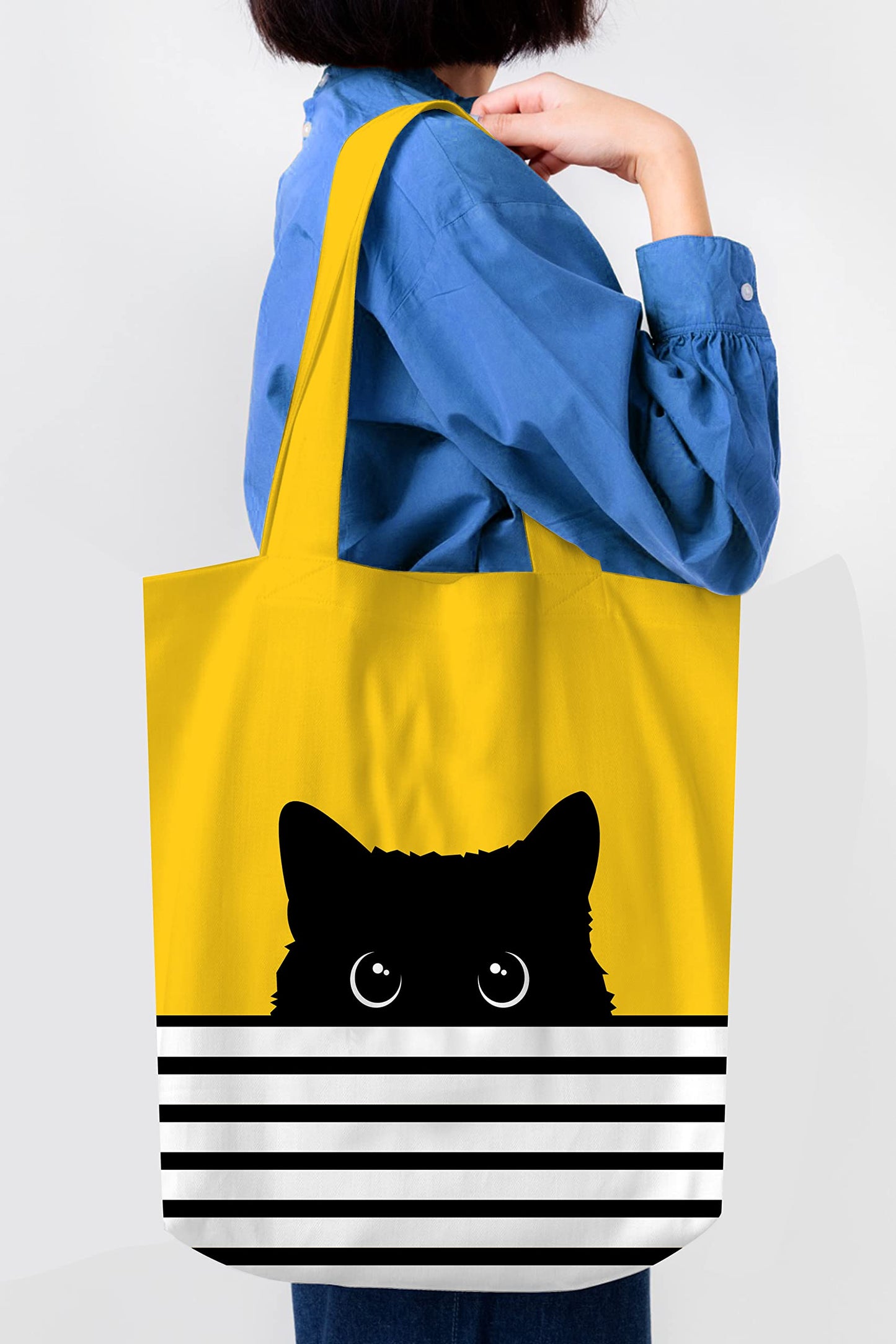 Cute Canvas Tote Bag - Cat Lover Gifts for Women - Black Cat Gifts for Cat Lovers - Cat Mom Gifts - Cat Themed Gifts - Happy Birthday Bags for Cat Lady Gifts - Reusable Cat Tote Bag (Yellow Cat)
