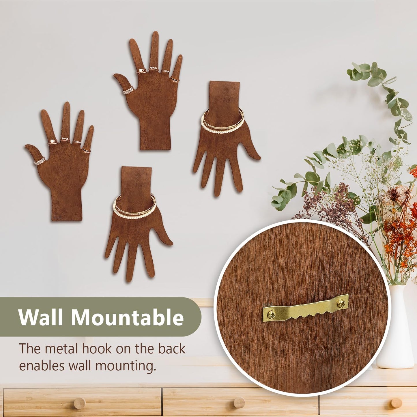MOOCA 6-Piece Wooden Hand Form Jewelry Display Set - 2-Way Design for Wall Hanging or Standalone Mannequin Finger Hand Display, Brown Color