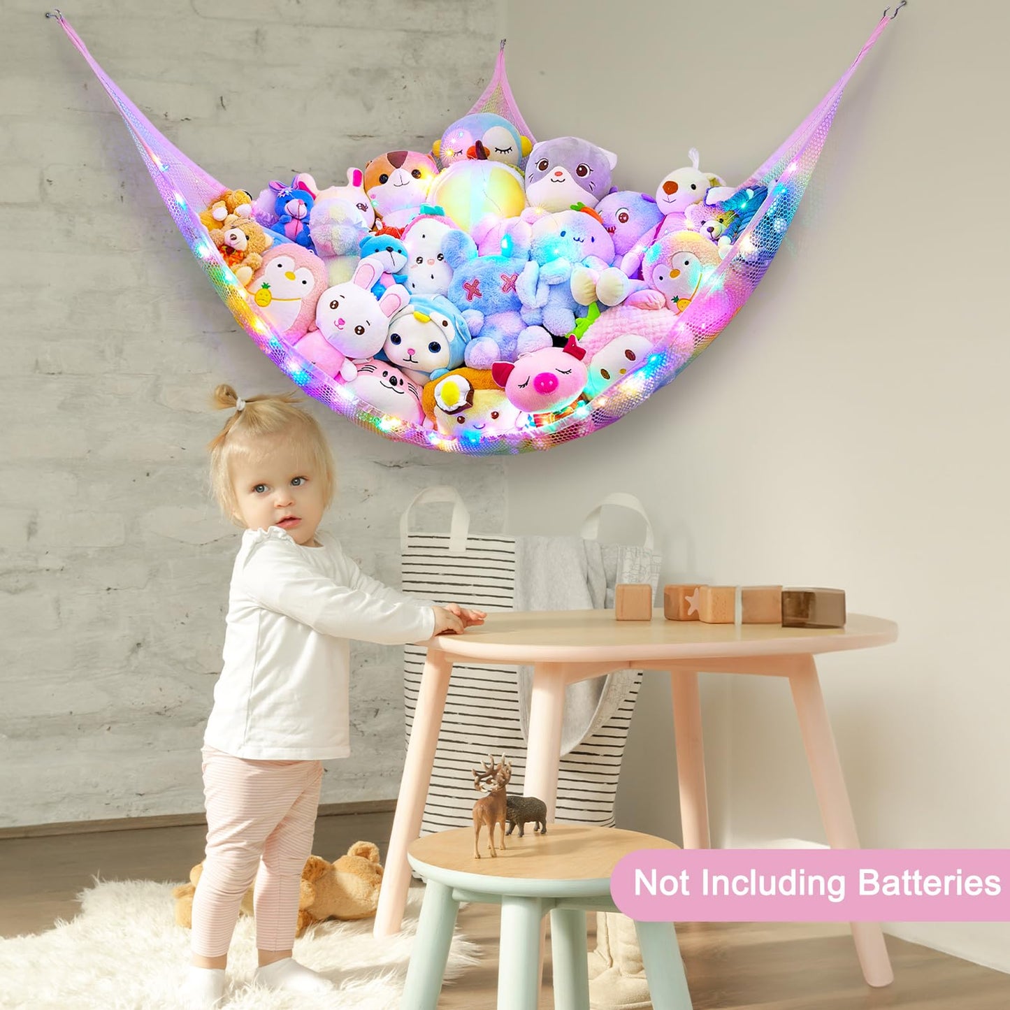 Castle Stuffed Animals Net or Hammock Kids Toy Storage Organizer with LED Light Hanging Corner Stuffed Animals Holder Kids Girls Room Decor(Pack of 1)