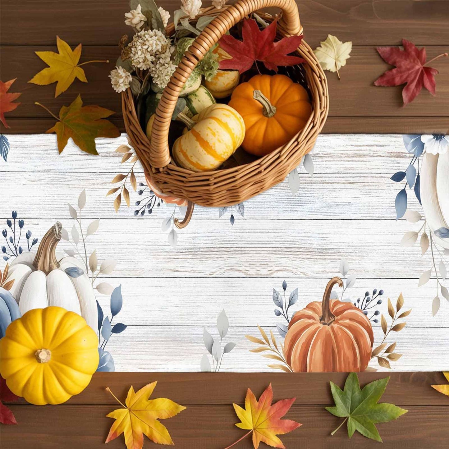 Fall Table Runner Blue Pumpkin Table Runners for Dining Room Leaves Floral Wood Grain Dinner Runner Thanksgiving Kitchen Decor 13" x 72"