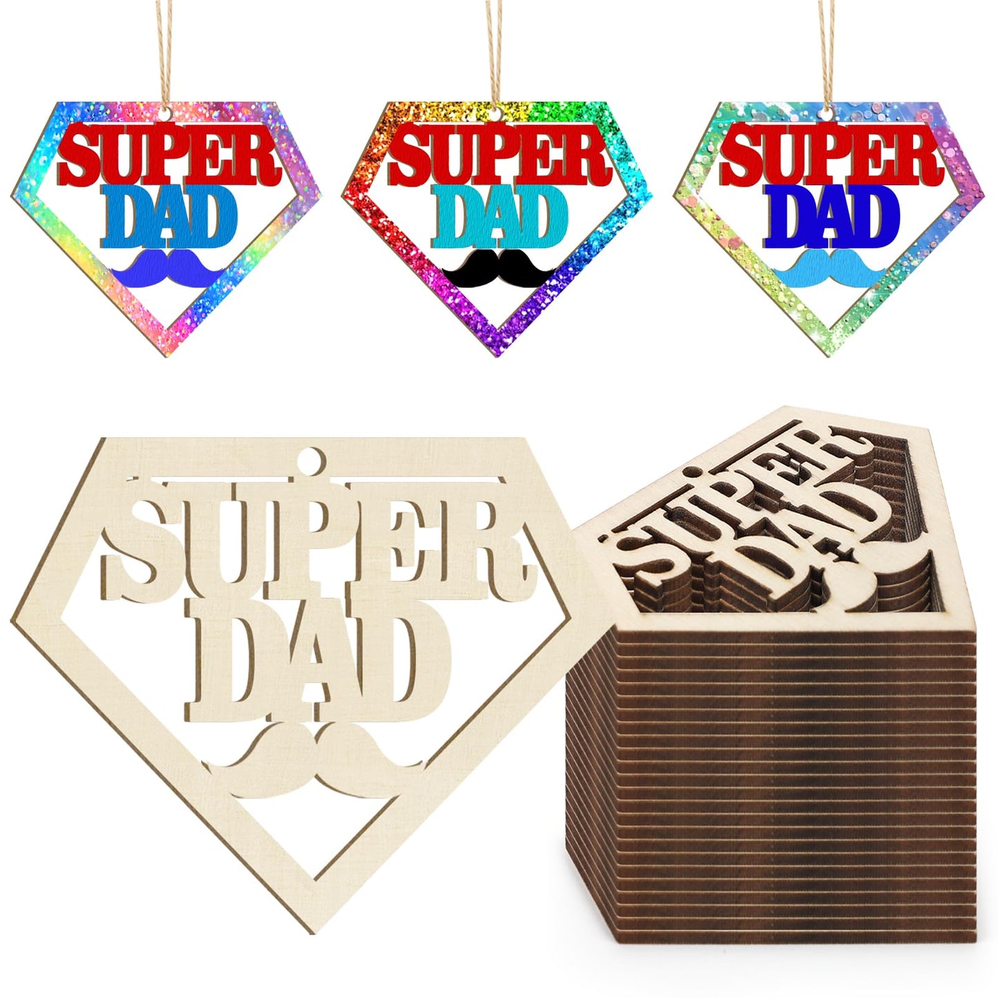 Wooden DAD Ornaments to Paint Father's Day Birthday Party Decoration Cutouts Unfinished 24PCS 3.5 x 3 inches, DIY Blank Unfinished Wood Daddy Ornament for Home Crafts Hanging Father Day Decoration