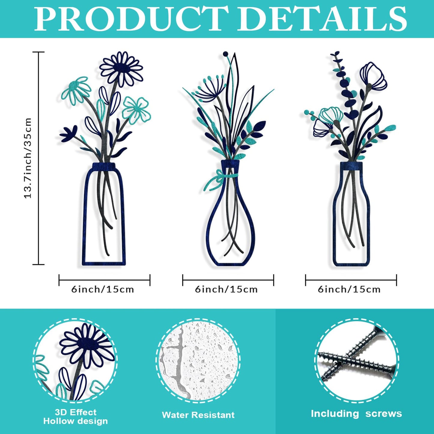 3 Pieces Metal Flowers Wall Arts - Rustic Farmhouse Style Décor Metal Wall Art Black Minimalist Flower Natural Themed Wall Decors for Home Bedroom Dining Room Housewarming (Blue)