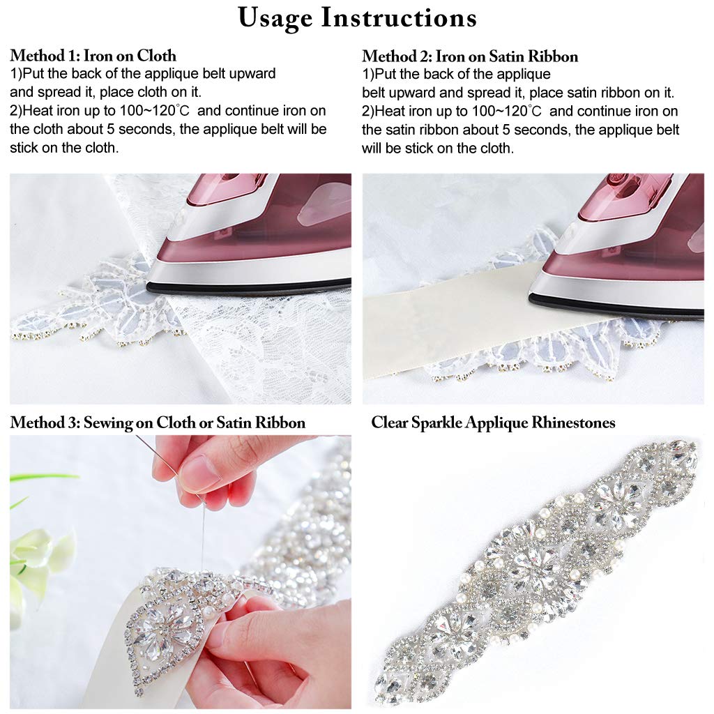 ShiDianYi Diamante Sweet Heart Rhinestone Bridal Sash Applique, Pearl Beaded Wedding Applique