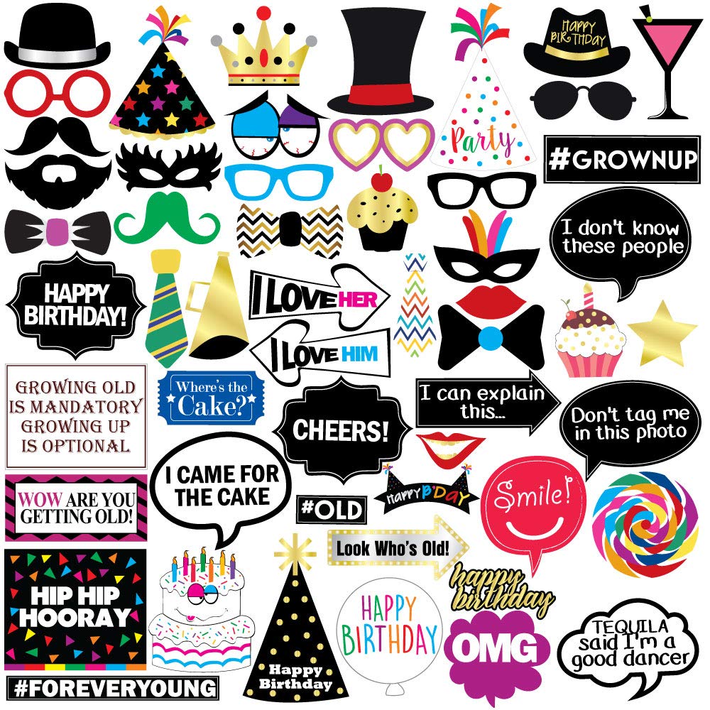 Funny Birthday Photo Booth Props - 47 Pieces - Funny Birthday Party Supplies for Him or Her - Photo Booth Decorations, Favors and Gifts