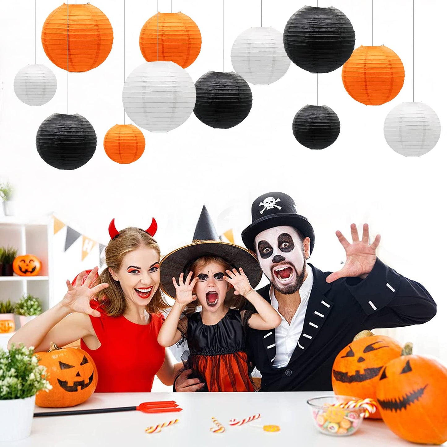 Paper Lanterns Decorative, Round Hanging Lantern for Halloween Thanksgiving Graduation Birthday Party Decorations, Black/Orange/White 9pcs