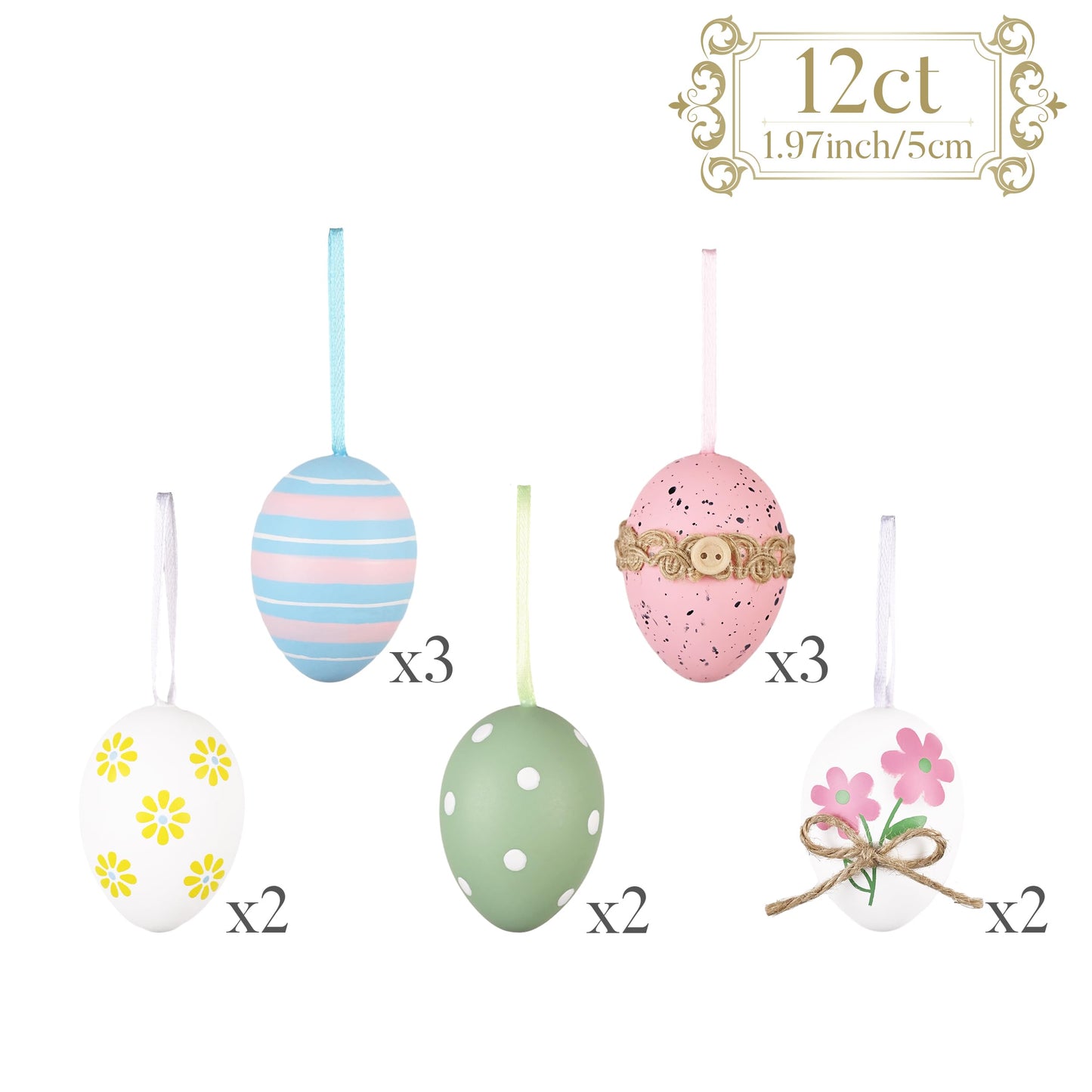 12Pcs Plastic Easter Eggs Ornaments Tree Decoration, 2" Pastel Pink Blue Easter Eggs Bulk, Shatterproof Decorative Hanging Decorations for Spring Holiday Party Decor