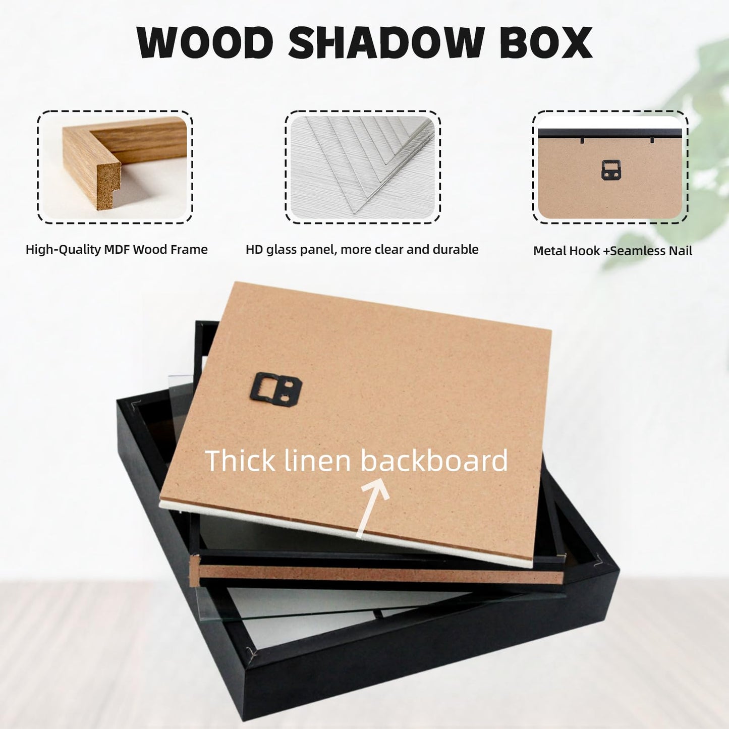 Muzilife 8x8 Shadow Box Picture Frame with Linen Board - Deep Wood & Glass Display Case Ready to Hang Memory Box Baby Sports Memorabilia, Pins, Awards, Medals, Wedding, Tickets and Photos (Black)