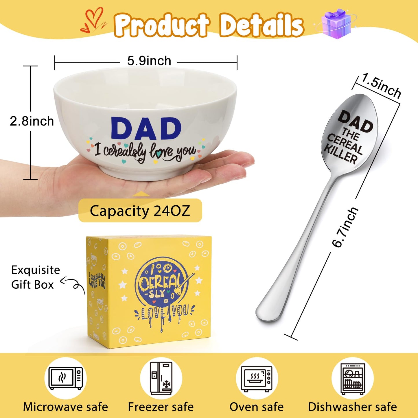 YEUYUQIU Fathers Day Dad Gifts from Daughter - Ideal Father's Day Birthday Gifts for Daddy Father, Dad Cereal Bowl Spoon Set Present for Valentines Father's Day Christmas - Cerealsly Love You Daddy