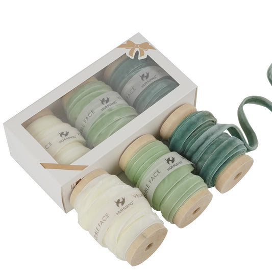 Velvet Ribbon 3/8 inch Double Face Dusty Green/Sage Green/Ivory Velvet Ribbon Set for Gift Wrapping, Christmas Tree Ornaments, Wreath Decor, Invitations, Fall Decor- 15 Yards/Set