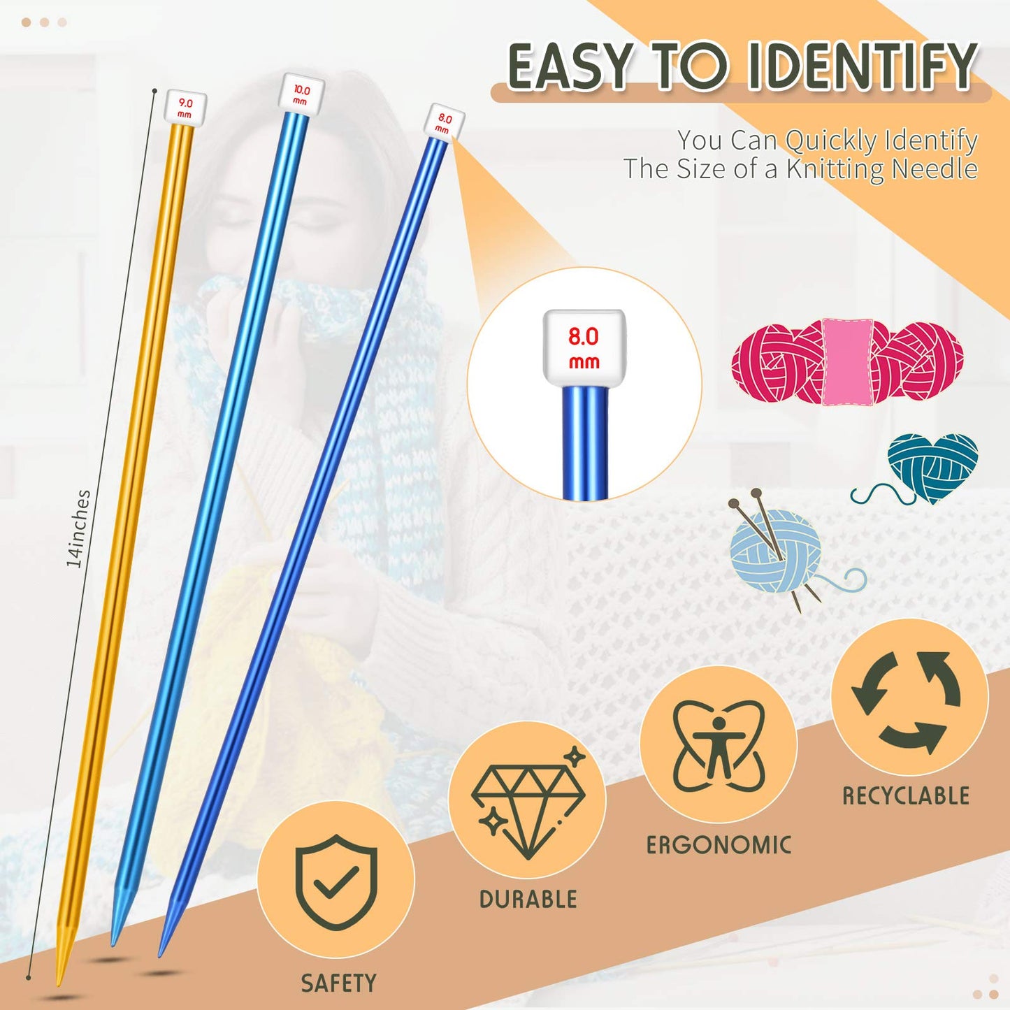 6 Pieces/ 3 Pairs Aluminum Straight Knitting Needles Set, 8 mm, 9 mm and 10 mm,14 Inch Single Point Knitting Needles, Color Extra Long Sweater Straight for DIY Projects