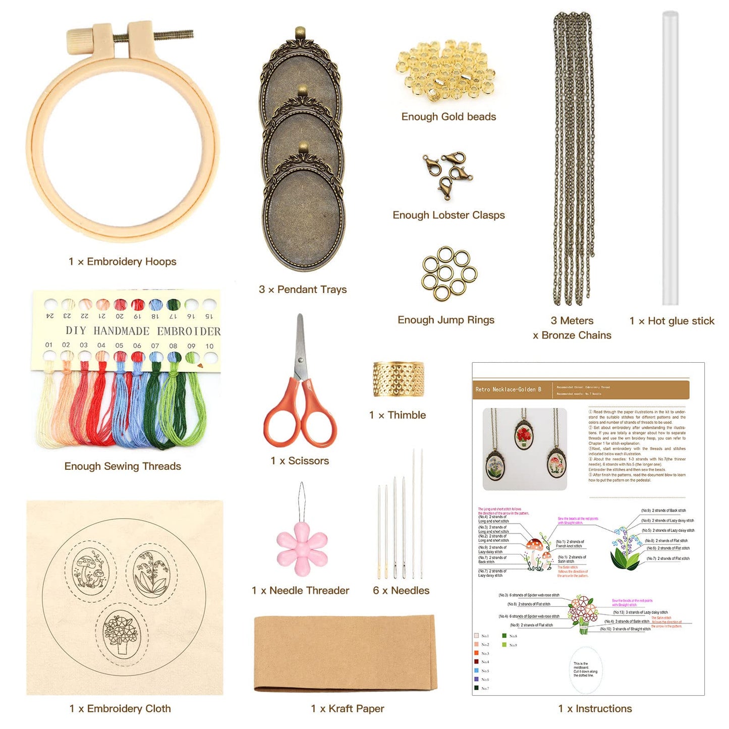 ZOCONE 3 Packs Embroidery Necklace Kit, Embroidery Pendant Kits Mini Cross Stitch Kit with Hoop, Necklace, Pendant, Beads, Stamped Pattern Cloth, Instructions, etc., Embroidery Kits for Adults
