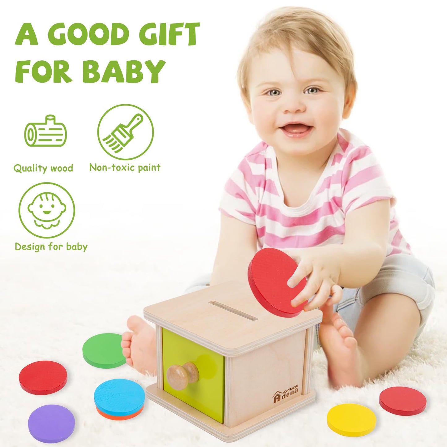 Adena Montessori Coin Box,Object Permanence Box Toys for 1 Year Old Baby Coins,Wooden Montessori Ball Drop Toys Developmental Toys for 6-12 Month Infant Toys,Learning Kids Gifts(Yellow-Green Door)