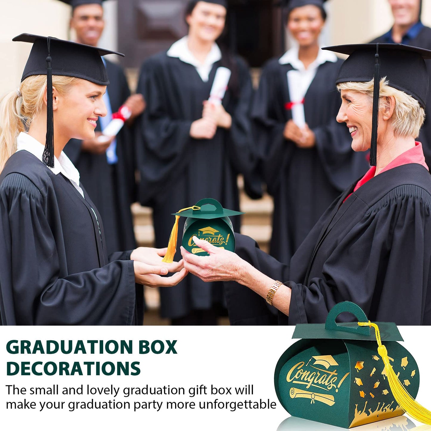 Spakon 30 Pcs Graduation Cap Gift Box Graduation Party Favors Candy Boxes Treat Box with Tassel Table Centerpieces Class of 2026 Grad Decorations(Green, Gold)