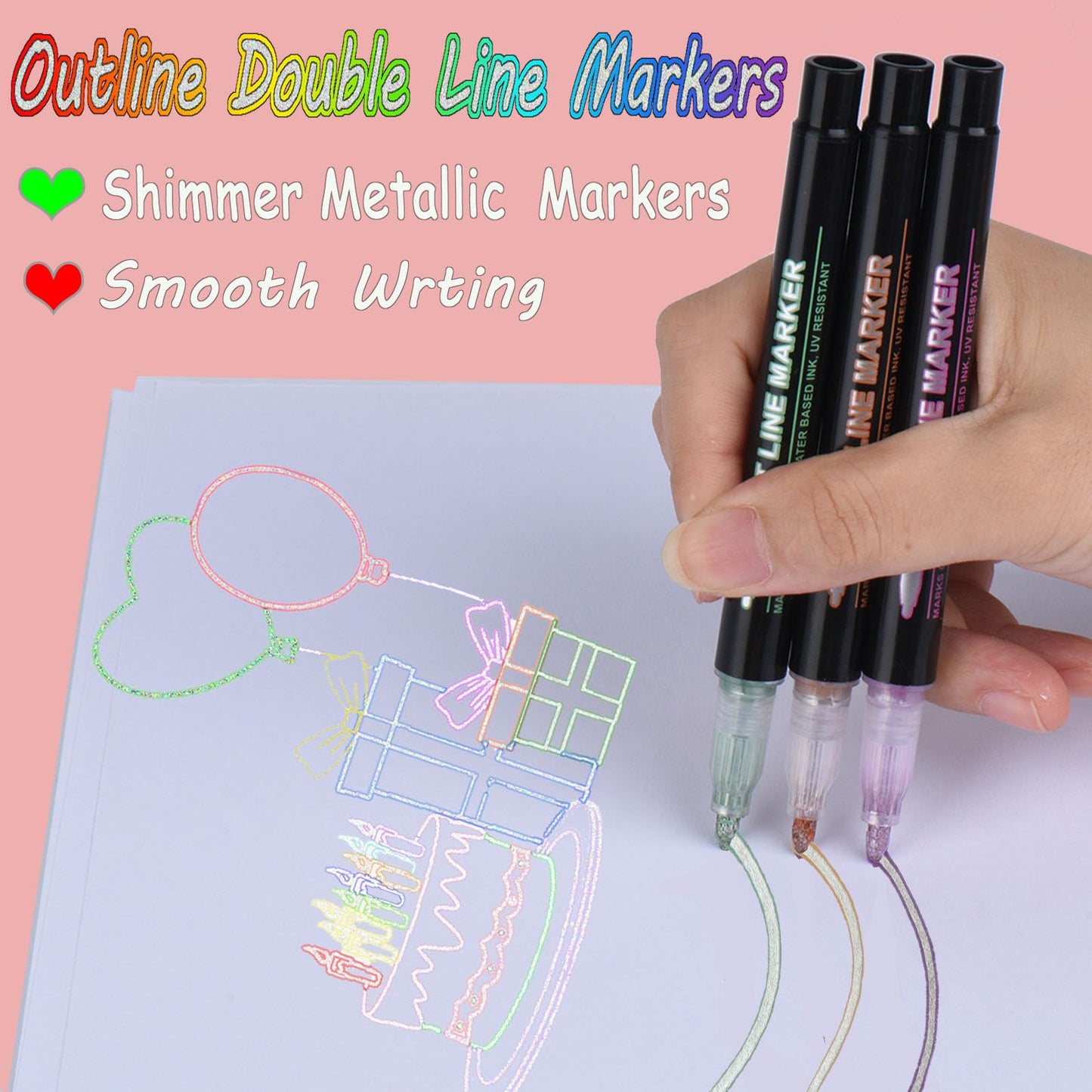 24 Pack Double Line Outline Markers, Squiggles Shimmer Markers Set, Self Outline Metallic Glitter Marker Pens for Christmas,Art, Drawing, Writing, Greeting Cards, DIY, Scrapbook, Easter Eggs