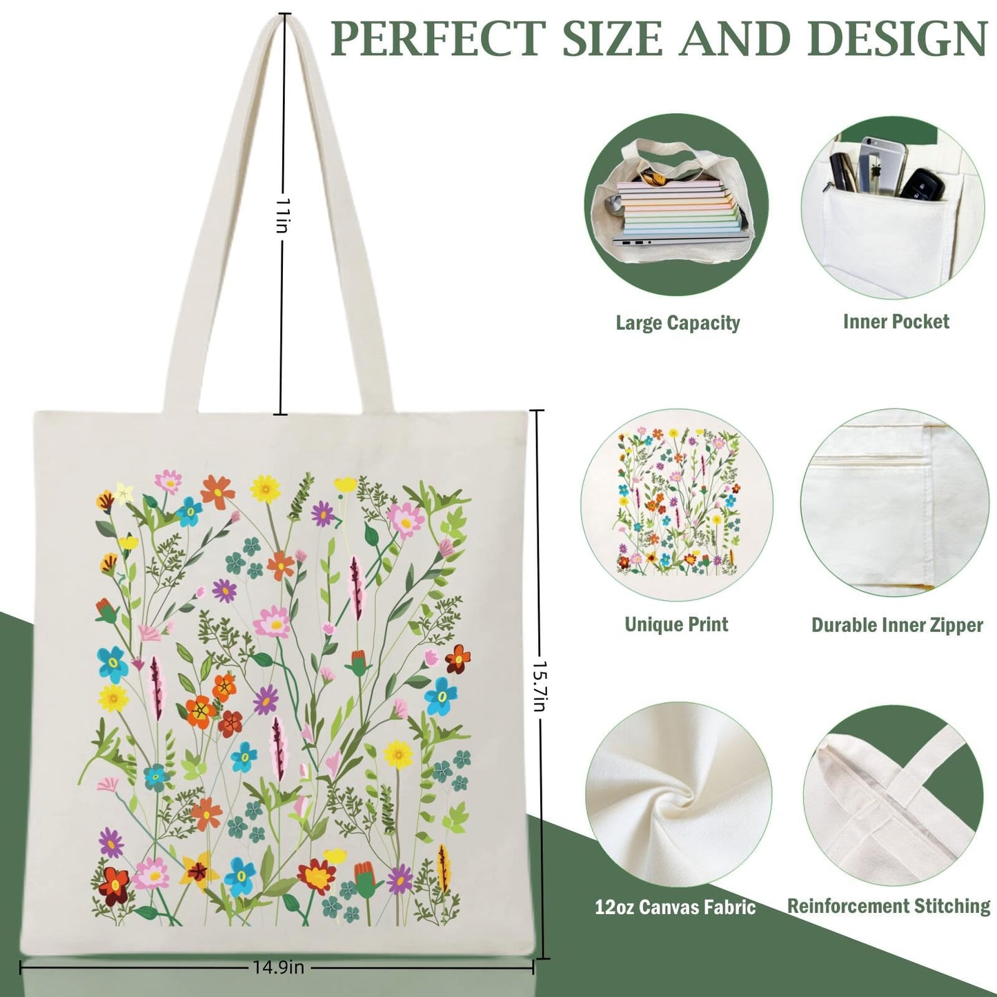 Andeiltech Canvas Tote Bag for Women Aesthetic Cute Shopping Grocery Reusable Bags with Inner Zipper Women Gift