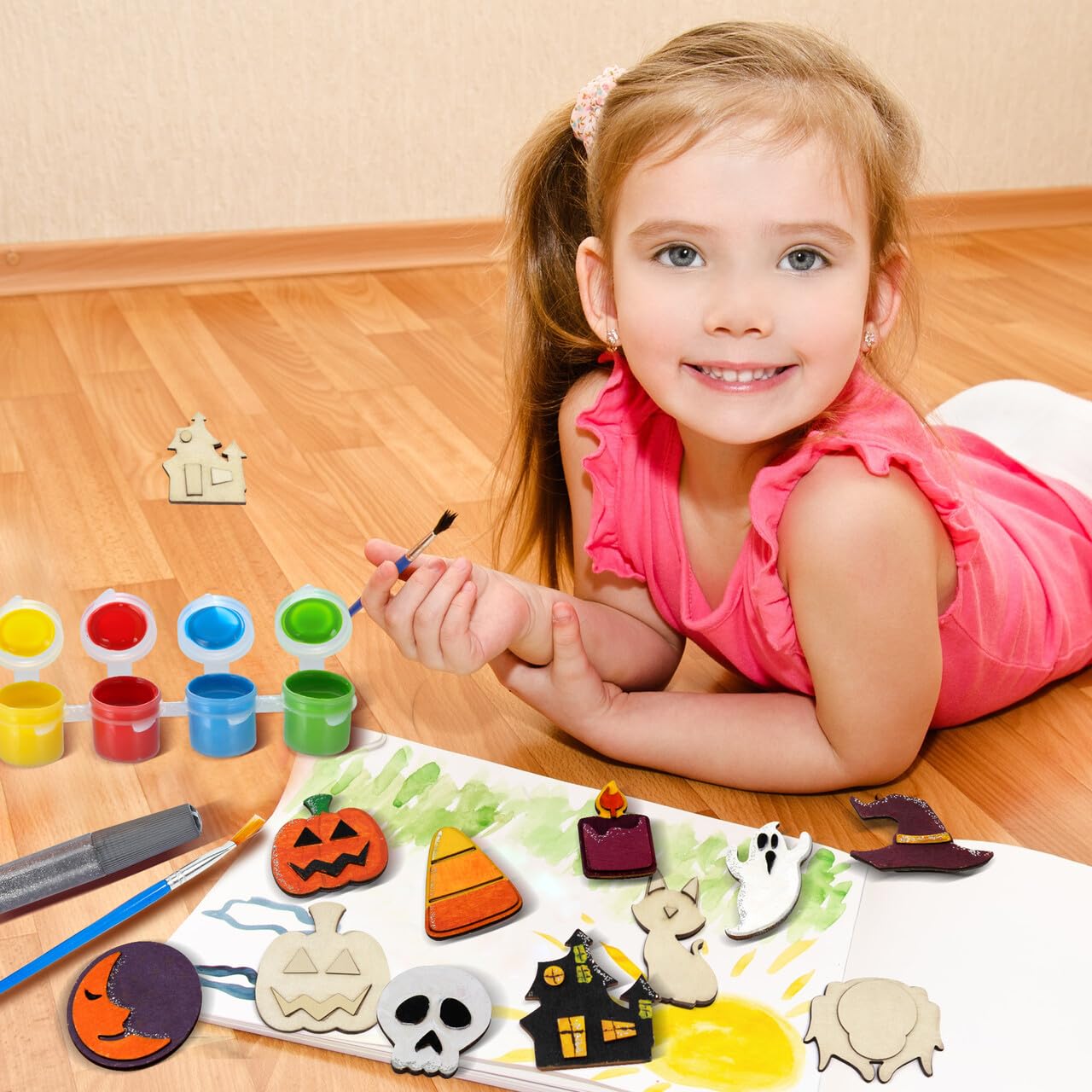 12 Pcs Halloween Wood Craft Kit, Wooden Magnet Creativity Arts Painting Kit, DIY Halloween Painting Craft for Kids Party Supplies, Toddler Party Favors Family School Activities