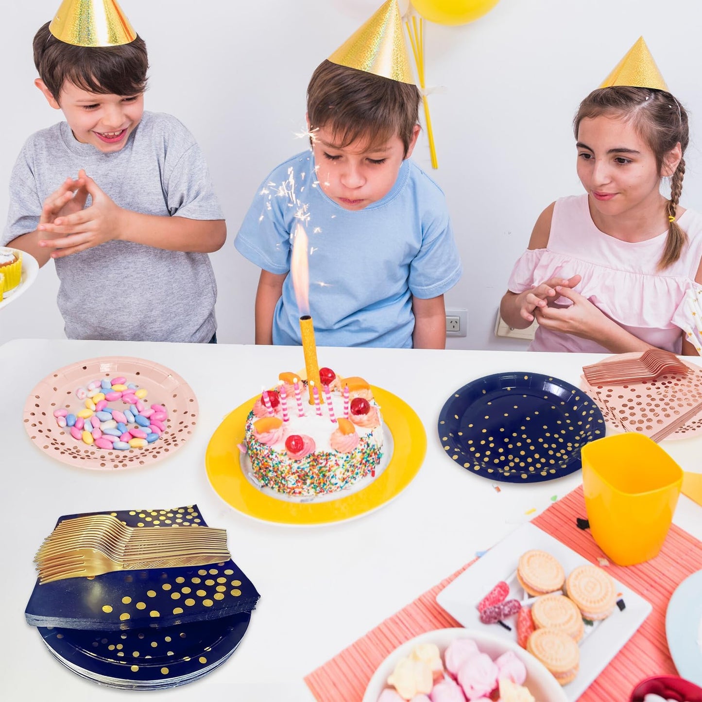 Serve 35 Guests Navy Blue and Gold Party Supplies,7 Inch Blue and Gold Paper Plates and Napkins for Birthday Wedding Retirements Graduation Party