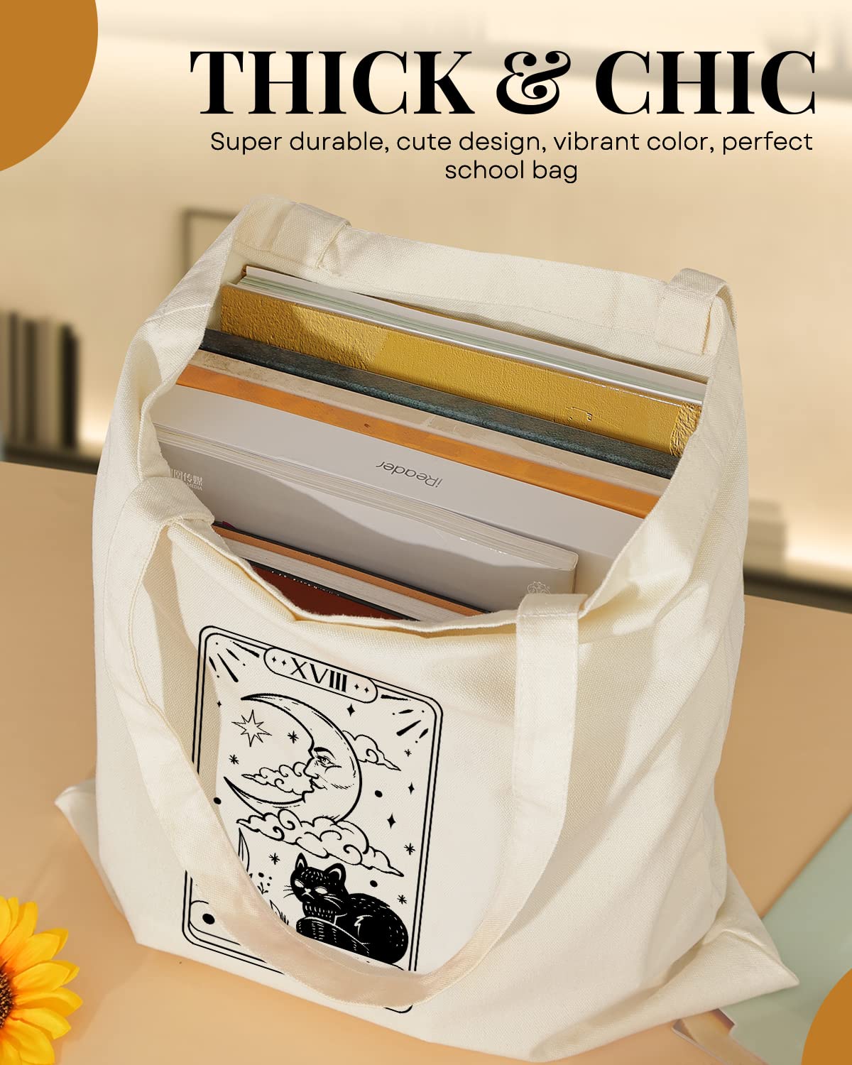 AUSVKAI Cute Sun Moon Canvas Tote Bag Aesthetic For Women School Grocery Bag Cotton Cloth Beach Totes Gift For Kids Girl