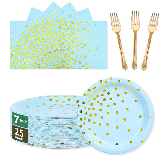 Blue Gold Paper Plates and Napkins Tableware Set-25 x 7''Dessert Plates & 25 x 6.5''Napkins & 25 x 7.3''Forks,Blue Party Supplies for Baby Showers,Birthday,Wedding,Bridal Shower,Anniversary(Serve 25)