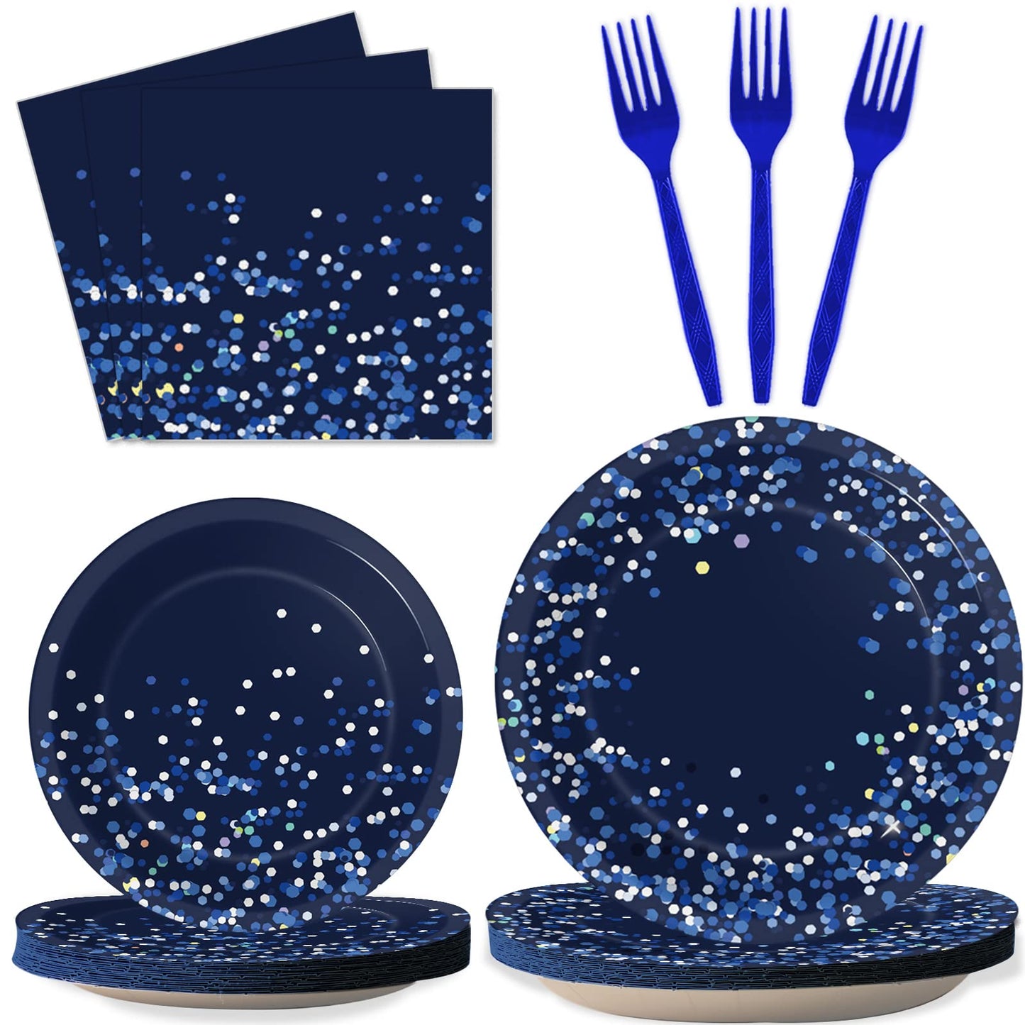 96 Pcs Blue and Silver Party Supplies Dot Confetti Paper Plates Sparkly Glitter Theme Party Decoration Confetti Party Tableware Set Bridal Shower Birthday Party Paper Plate Napkin Fork 24 Guests