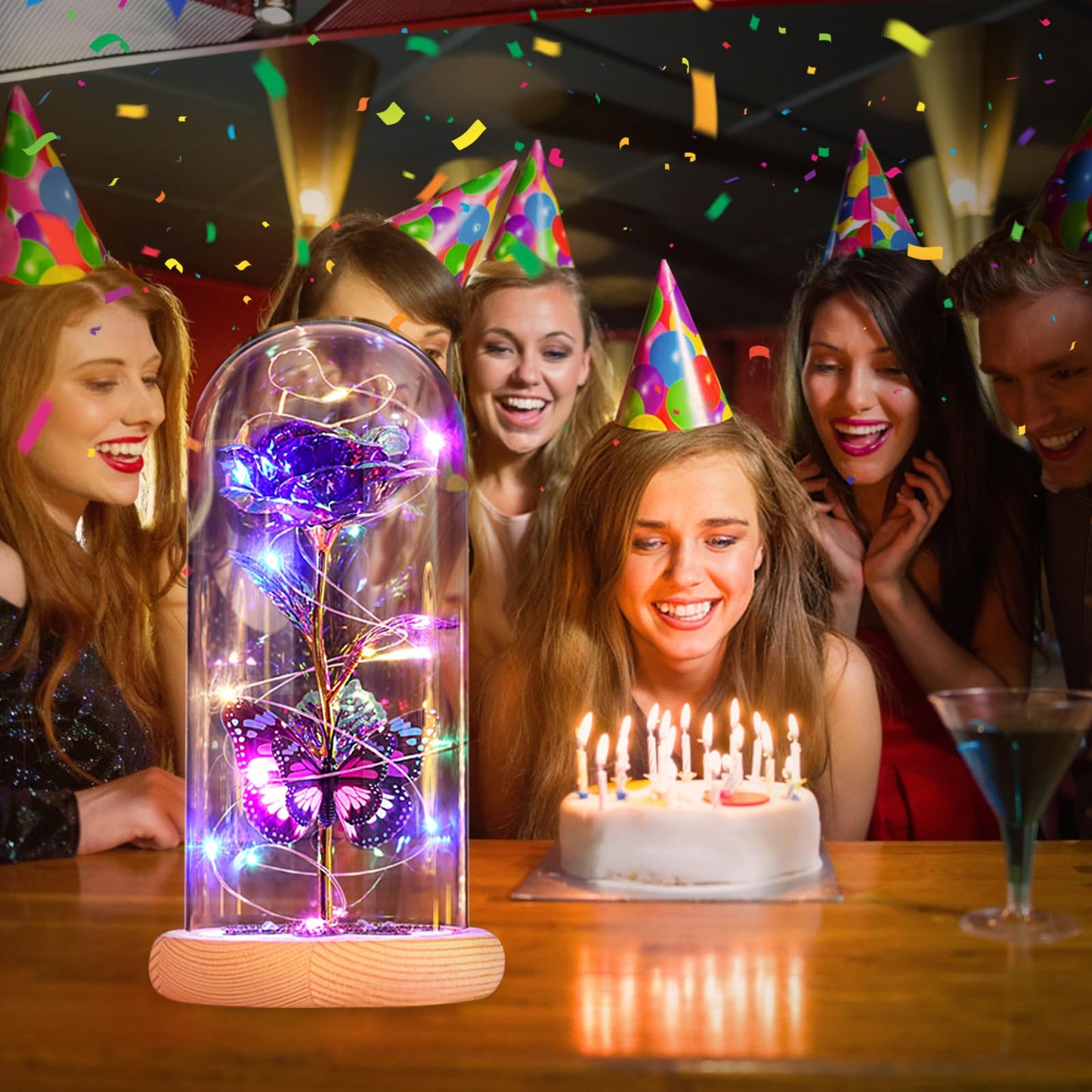 Birthday Gifts for Women Galaxy Glass Rose Forever Preserved Flowers for Delivery Light Up Rose in Glass Dome Mothers Day Butterfly Gifts for Mom Wife Grandma Her Daughter Girlfriend