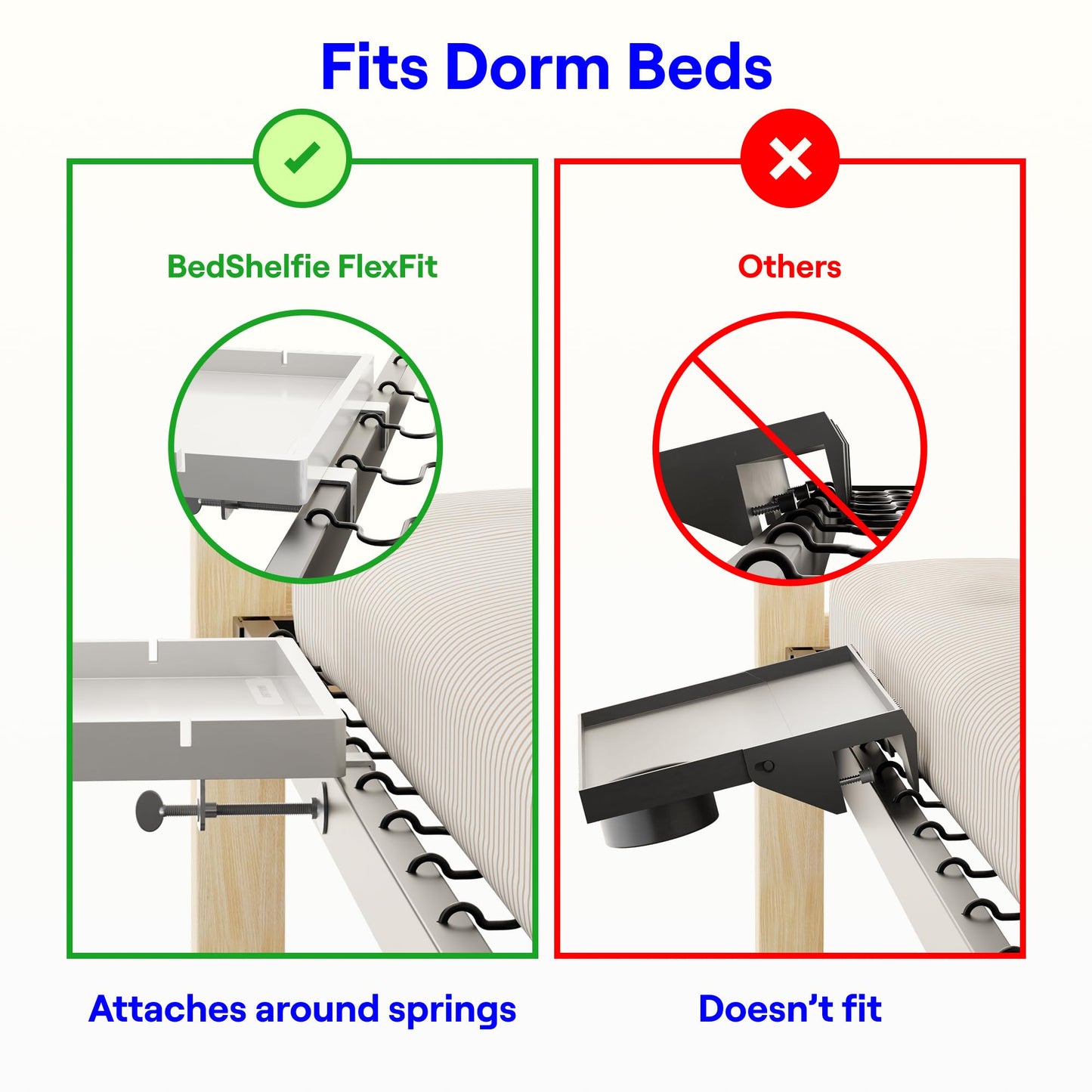 BedShelfie Bedside Shelf for Bunk Bed & Top Bunk, College Dorm Room Essentials, Loft Nightstand, Floating Bed Side Table Tray Storage, Dorm Room Decor by Smallish - (Flexfit Model, White)