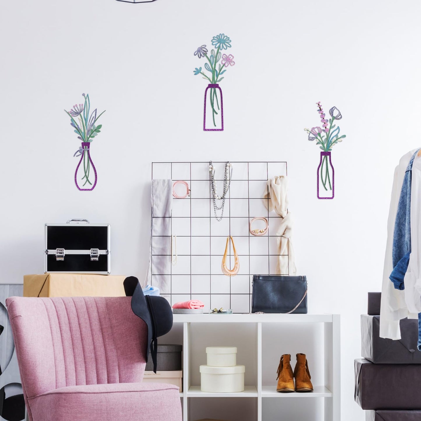 3 Pieces Metal Flowers Wall Arts - Rustic Farmhouse Decor Purple Minimalist Flower Wall Decors for Living room Bathroom Bedroom Dining Room-Housewarming Gifts(Purple, Vase-C)