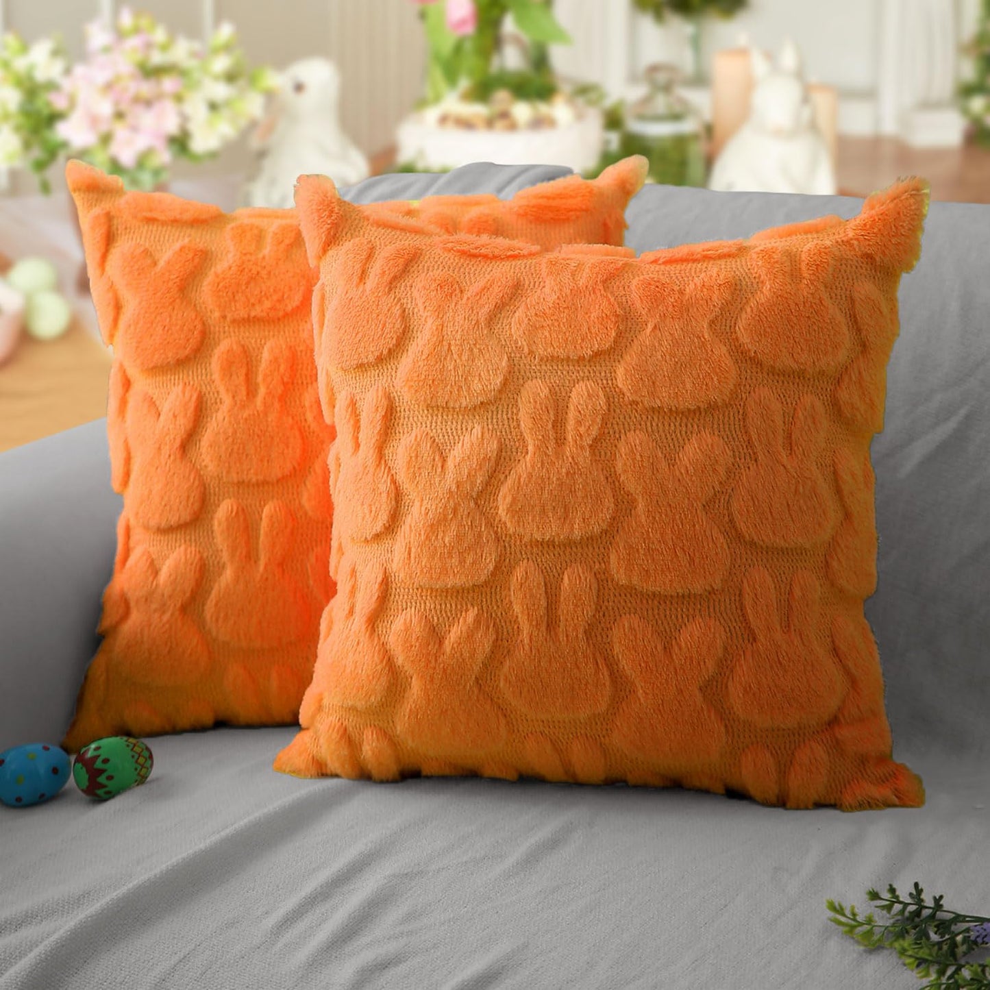 Easter Pillow Covers 18x18 inch Set of 2 Easter Decoration Orange Rabbit Soft Plush Faux Fur Jacquard Throw Pillows for Bedroom Sofa Holiday Festivals Home Decor FHJ-010E18