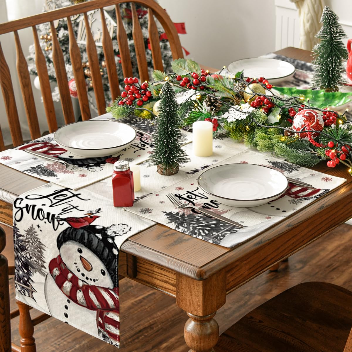 Let It Snow Snowman Christmas Placemats Set of 4, 12x18 Inch Winter Table Mats for Party Kitchen Dining Decoration