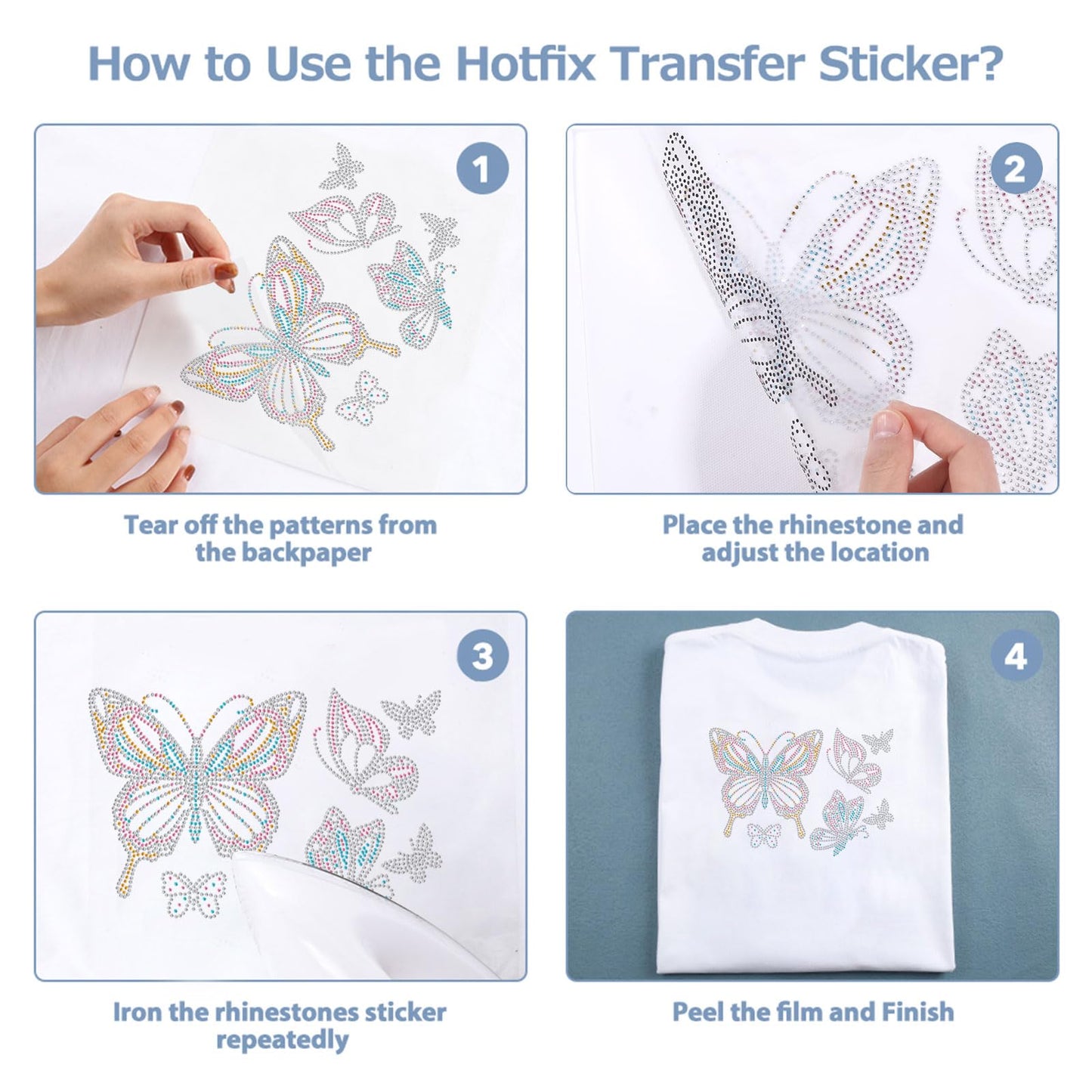 6 Pcs Butterfly Patterns Rhinestone Iron on Hotfix Transfer Decal Bling DIY Patch Clothing Repair Applique T-Shirt Vest Shoes Hat Jacket Decor Clothing DIY Accessories