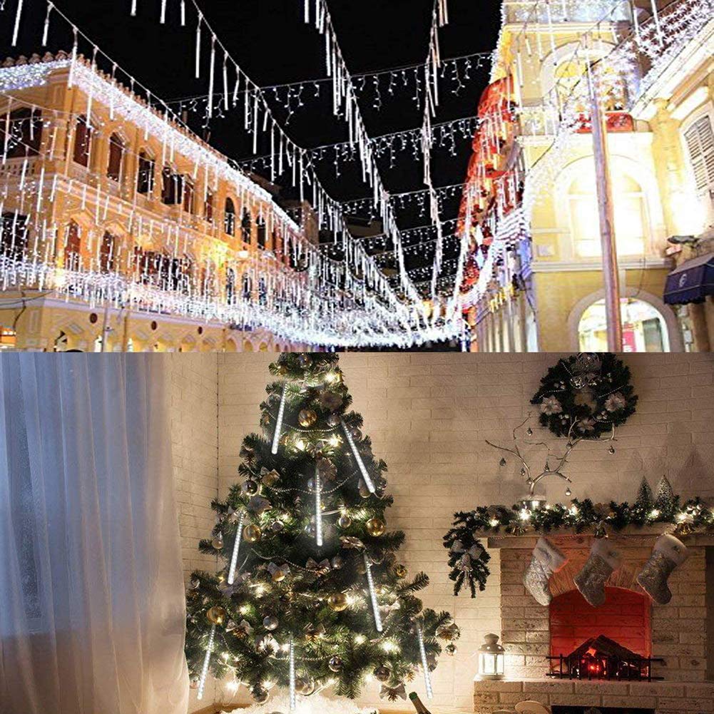 Christmas Lights Outdoor UL Certified Meteor Shower Lights 12 Inch 8 Tubes 192 LED Falling Rain Drop Icicle Snow Cascading Light for Xmas Tree Wedding Party Garden Decoration, White