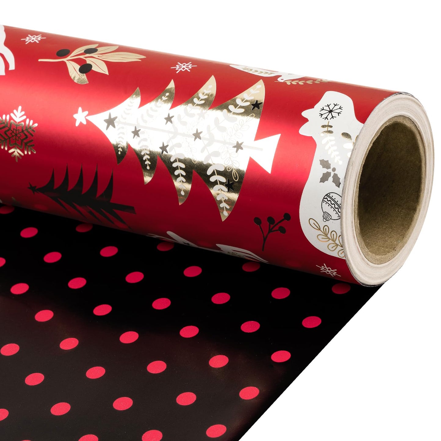 Christmas Reversible Wrapping Paper Roll, Mini Roll, Red Black Reindeer and Tree Design, Black with Red Polka Dots Gift Wrap Paper for Adults, Kids and Holiday Gifts, 17 Inches x 32.8 Feet