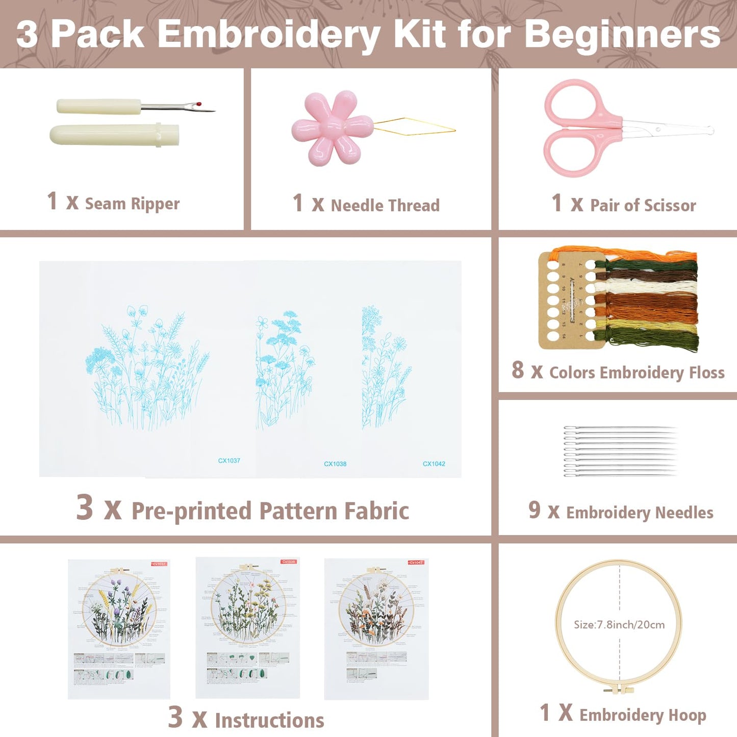 Embroidery Kit for Beginners Set of 3, Flower Pattern Embroidery Kits for Starter or Adults Hand DIY Practice Kit, Step by Step Instructions and Video Tutorial