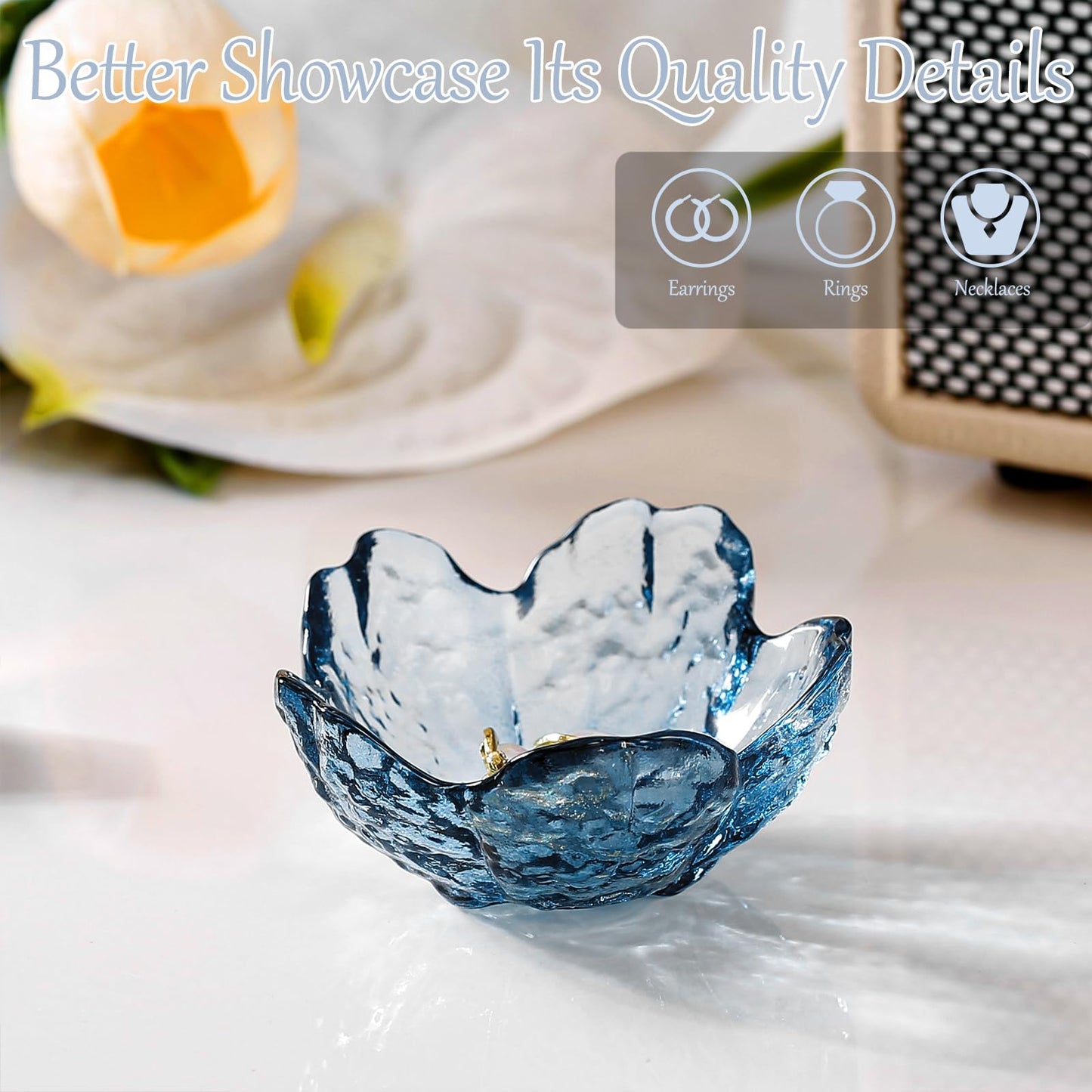 Binoster Blue Flower Glass Ring Dish Jewelry Tray Ring Holder Dish Cute Room Decor Vanity Organizer for Nightstand or Bathroom Aesthetic Trinket Dish Gift for Wife Mom Daughter