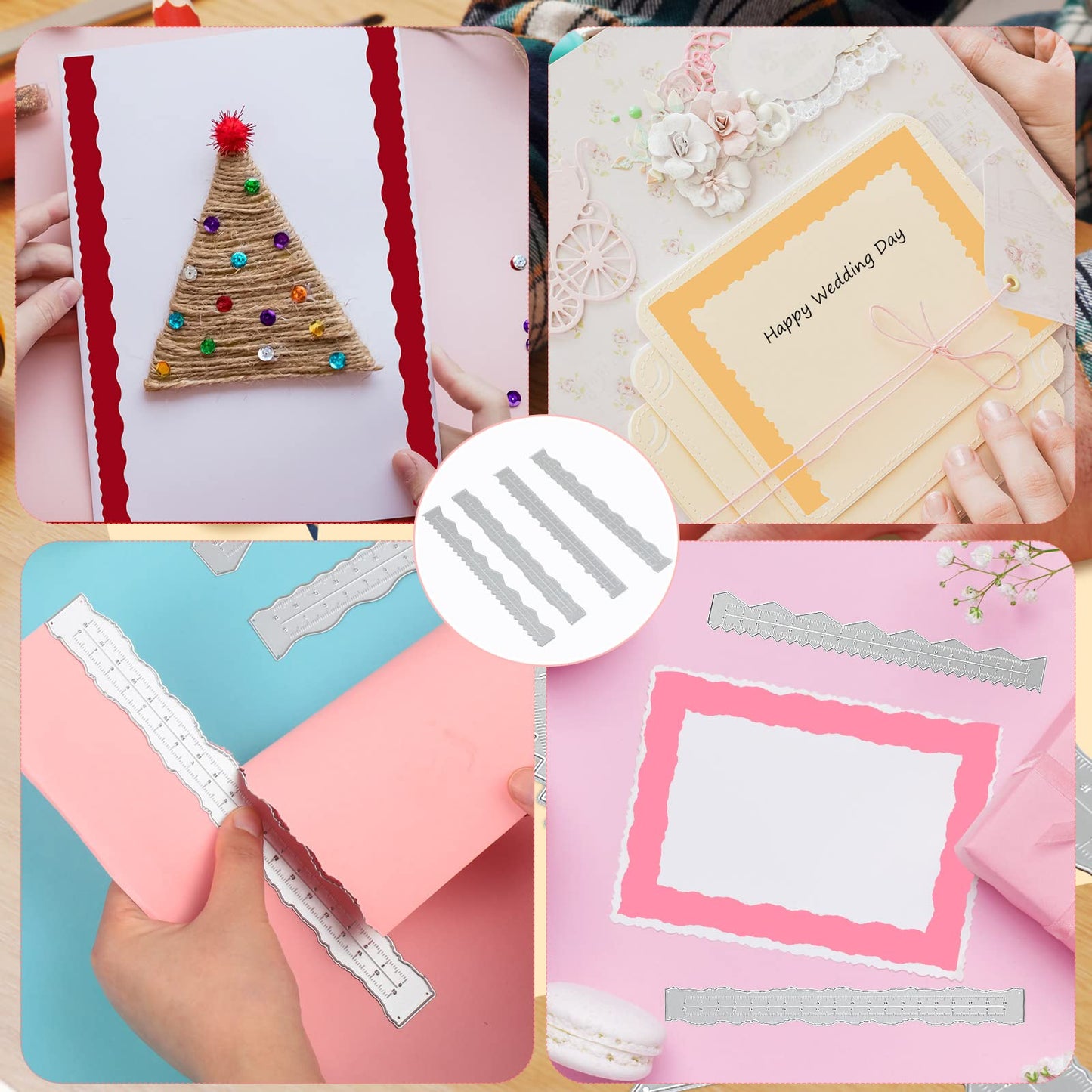 4 Pieces 8.4 Inches Metal Irregular Edges Ruler Deckle Edges Ruler Measuring Embossing Cutting Dies Paper Tearing Ruler for Card Making Scrapbooking Craft Decor Office DIY Tools