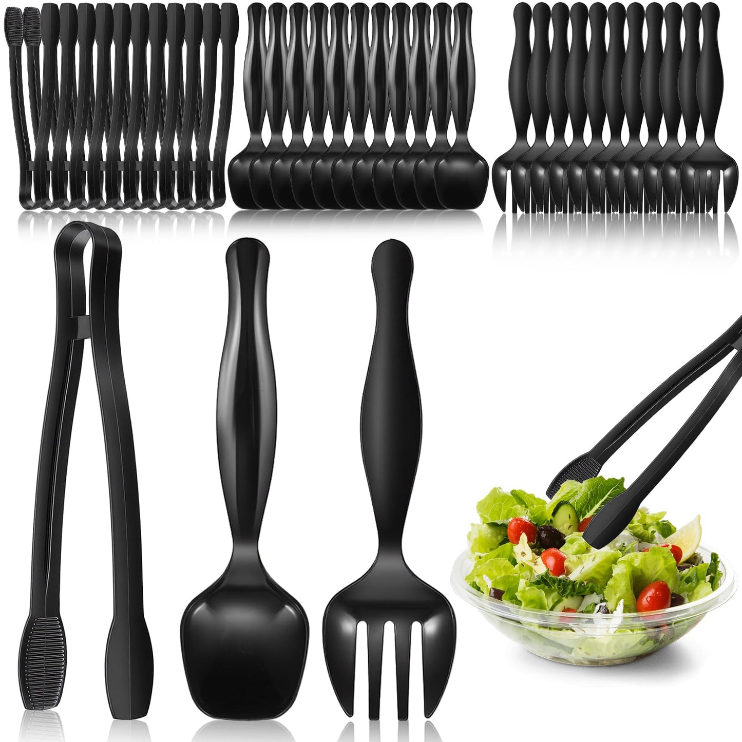 36 Pcs Disposable Serving Utensils Set, Black Plastic Utensils Including 8.3 Inch Spoons 8.5 Inches Forks 9 Inch Tongs for Buffet, Party, Restaurant, Weddings, Picnic