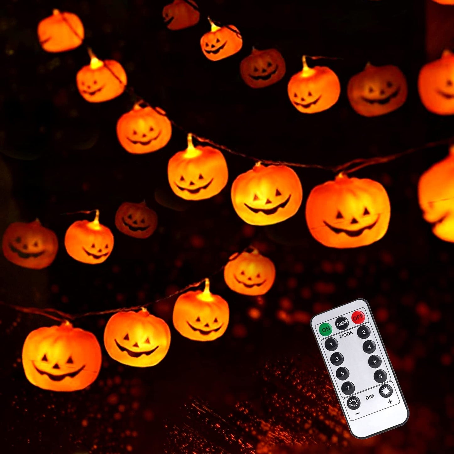 Woochic Halloween String Lights, LED Pumpkin Lights - 3D Waterproof Orange Jack-O-Lantern 20 LED Battery Operated String Lights, 8 Modes Holiday Lights for Indoor Outdoor Decor Party Decorations