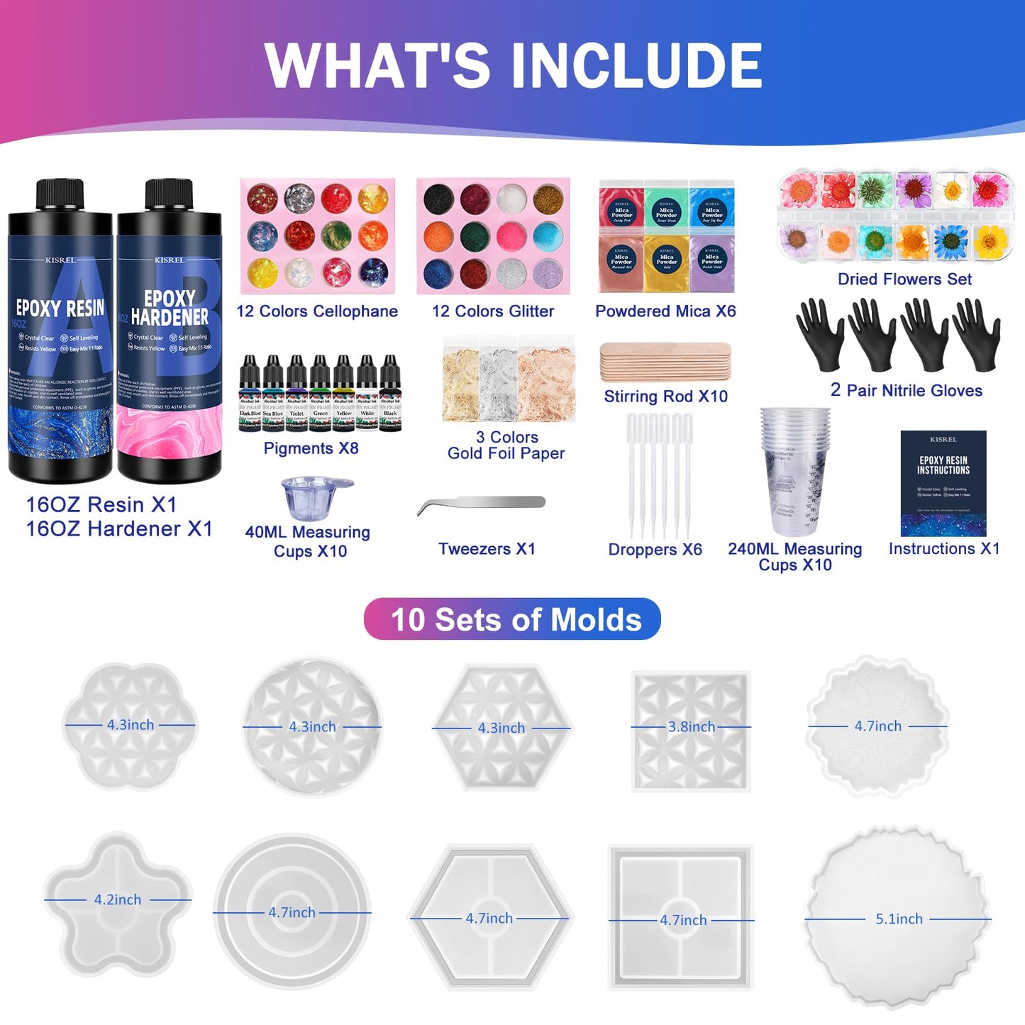 Epoxy Resin Kit for Beginners, 32oz Resin Kit with Coaster Molds, Complete Accessories Include Pigment, Mica Powders, Dried Flowers, Glitter, Measuring Cups and Other Resina Supplie