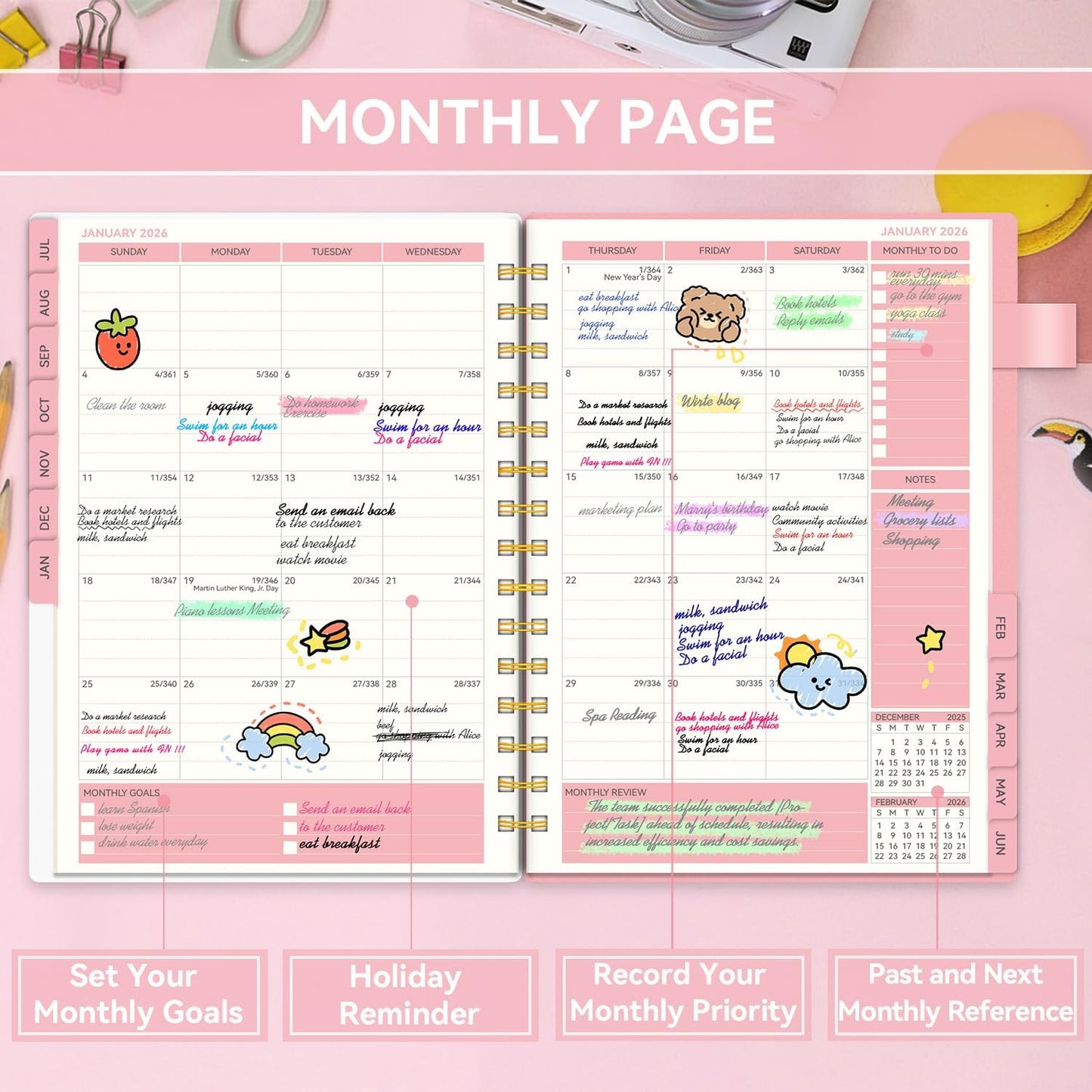 Planner 2025-2026, Weekly and Monthly Planners for Women, AIMPEAK Academic Calendar Planner for Teacher & Student, Jul.2025 - Jun.2026, Monthly Tabs, Spiral Binding, Pink Garland, 5.5"x8.5"