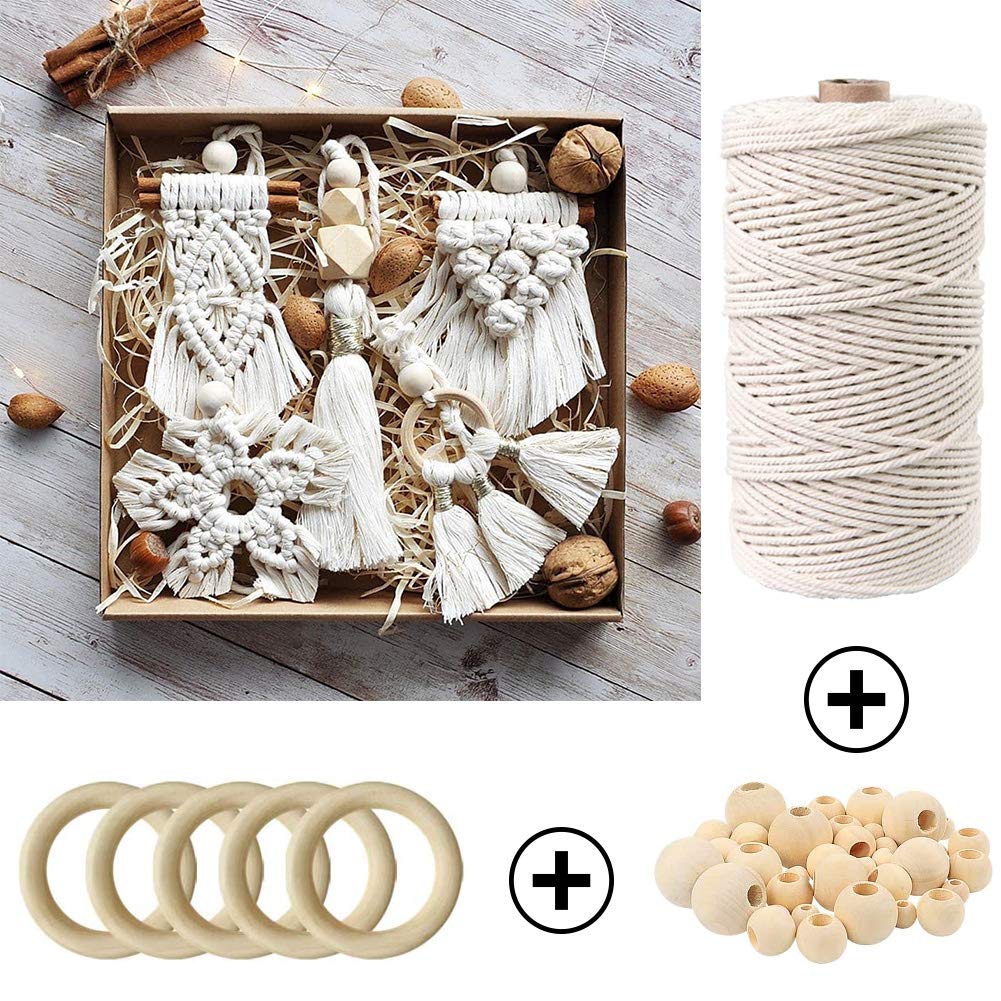ZXCDINO 119pcs Macrame Kits for Starter 3mm x 109Yards Natural Cotton Macrame Cord with 100pcs Wooden Beads,10pcs Wooden Rings,Wooden Sticks,Metal Rings,S Hooks Macrame Supplies for Plant Hangers