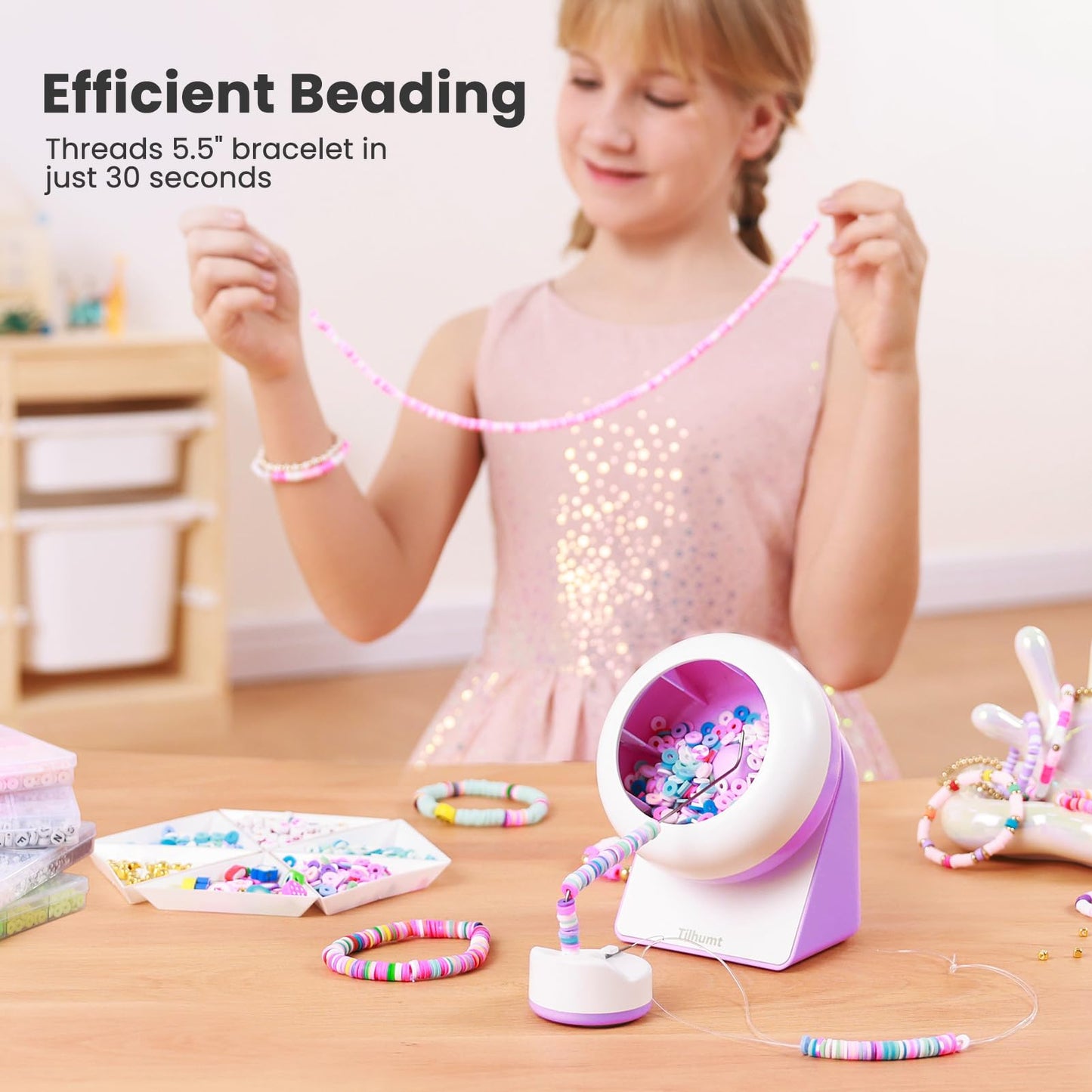 Clay Bead Spinner, Electric Bead Spinner for Jewelry Making, Friendship Bracelets Maker with Needle and Elastic String, Gift for Patent Design, Purple (Beads Not Included)