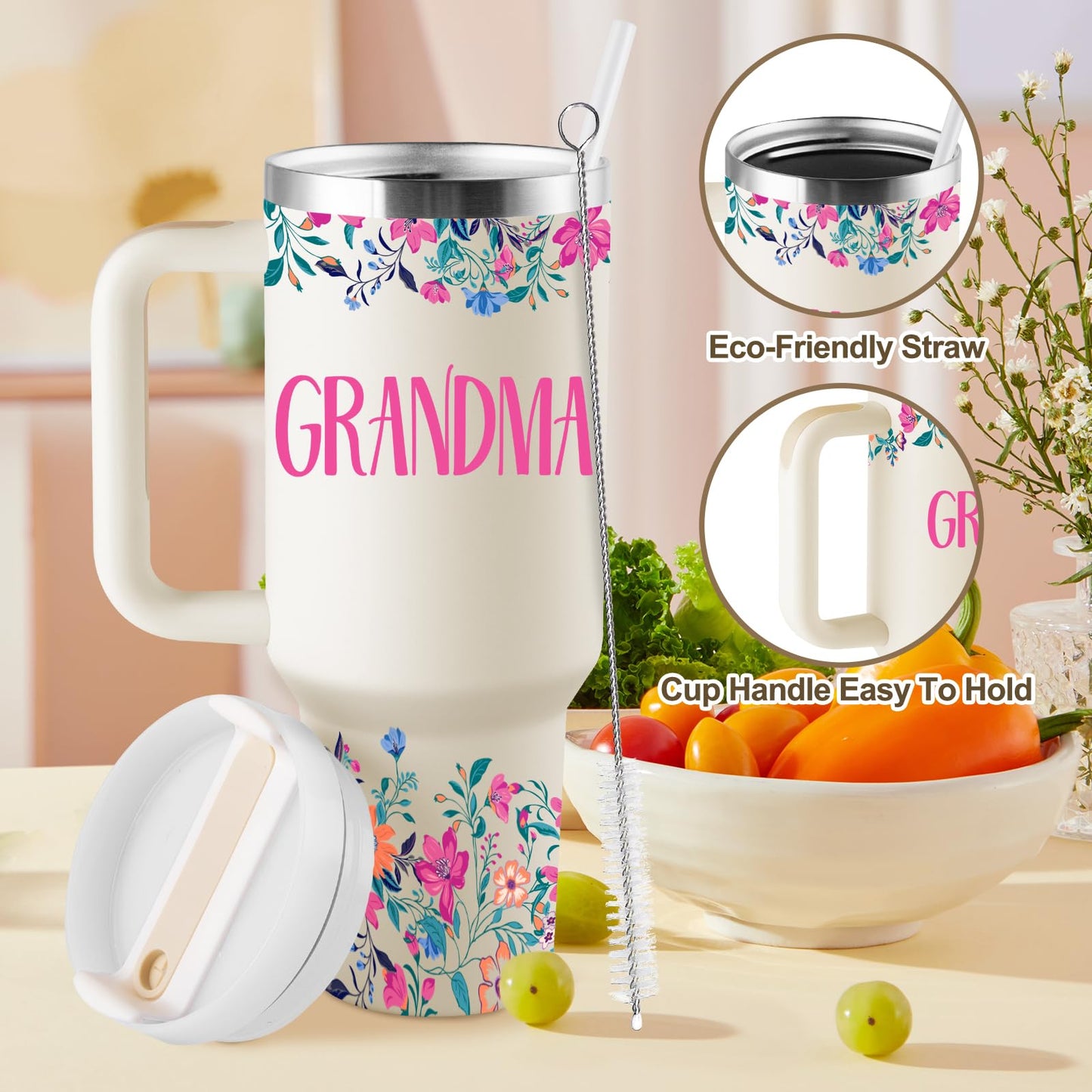 ROSTANTEN Grandma Gifts Mothers Day Gifts for Grandma Great Grandmother Birthday Gift Ideas Best Grandmother Gift from Granddaughter Grandson 40oz Travel Cup Insulated Tumbler with Lid & Straw